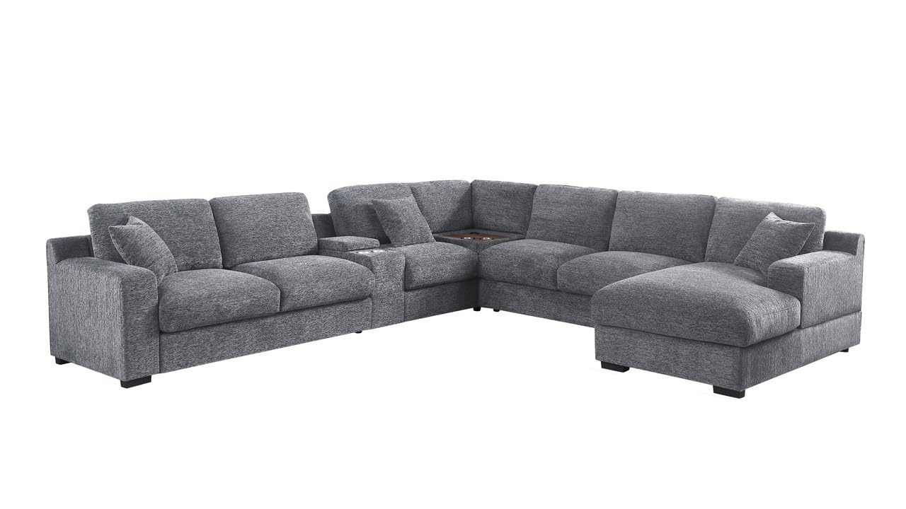 Celine Light Gray Chenille Fabric Corner Sectional Sofa with Right-Facing Chaise, Cupholders, and Charging Ports