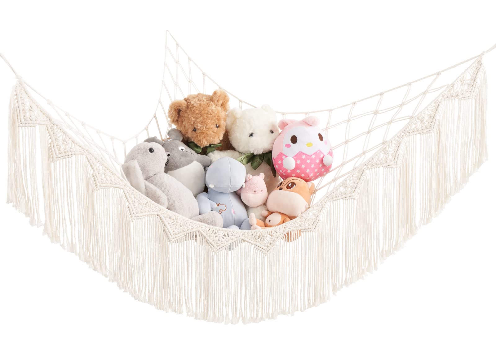 Mkono Stuffed Animal Hammock Corner Macrame Toy Storage Organizer with Lights and Tassels Boho Hanging Stuff Animals Net Large C