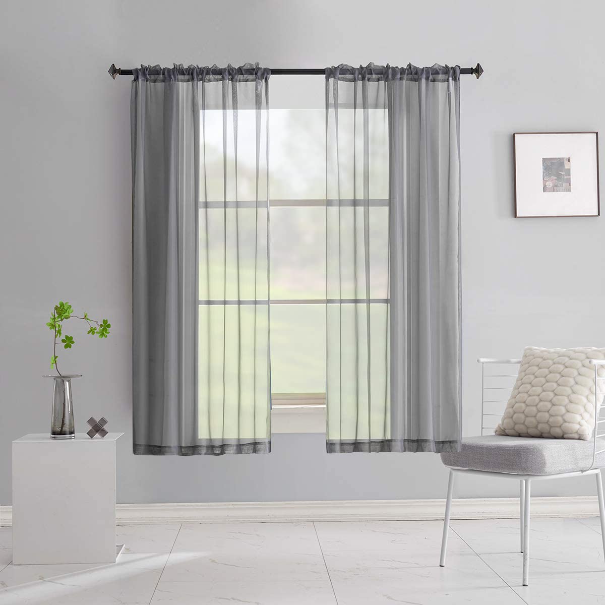 TOAVA DECO Grey Sheer Voile Curtains Gray Sheer Curtain Translucent Solid Color Window Treatment 63 Inches Long Panels Rod Pocke
