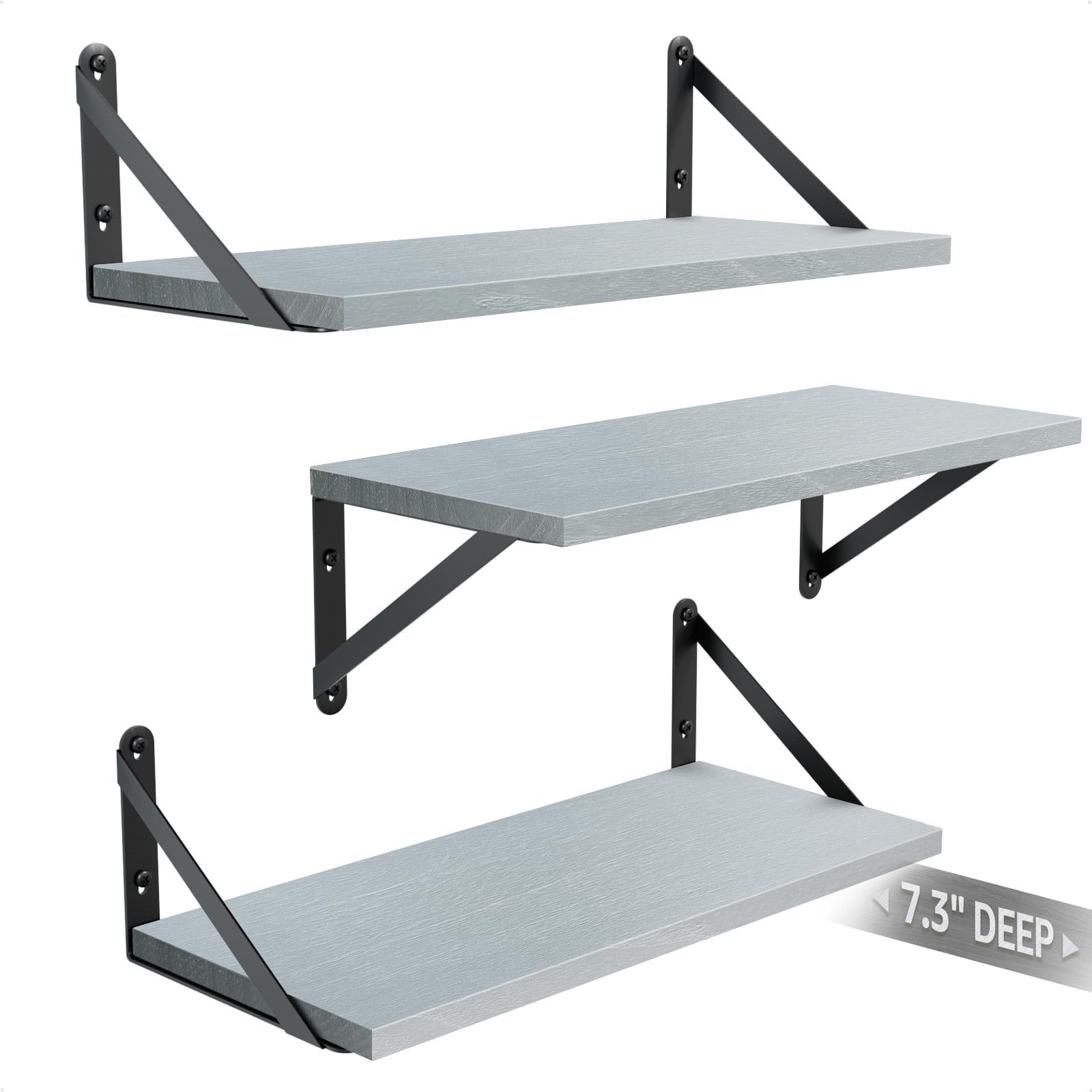 COCOYA Wall Shelves 7.3 Deep Set of 3, Solid Paulownia Wood Wider Longer Sturdy Easy to Install Wall Mounted Bookshelves Storage