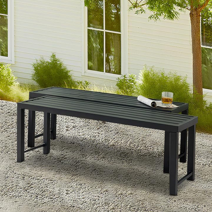 Seekverse 46 Outdoor Metal Backless Bench Set of 2, All-Weather Patio Garden Bench for Backyard, Porch, or Lawn, Durable Steel B
