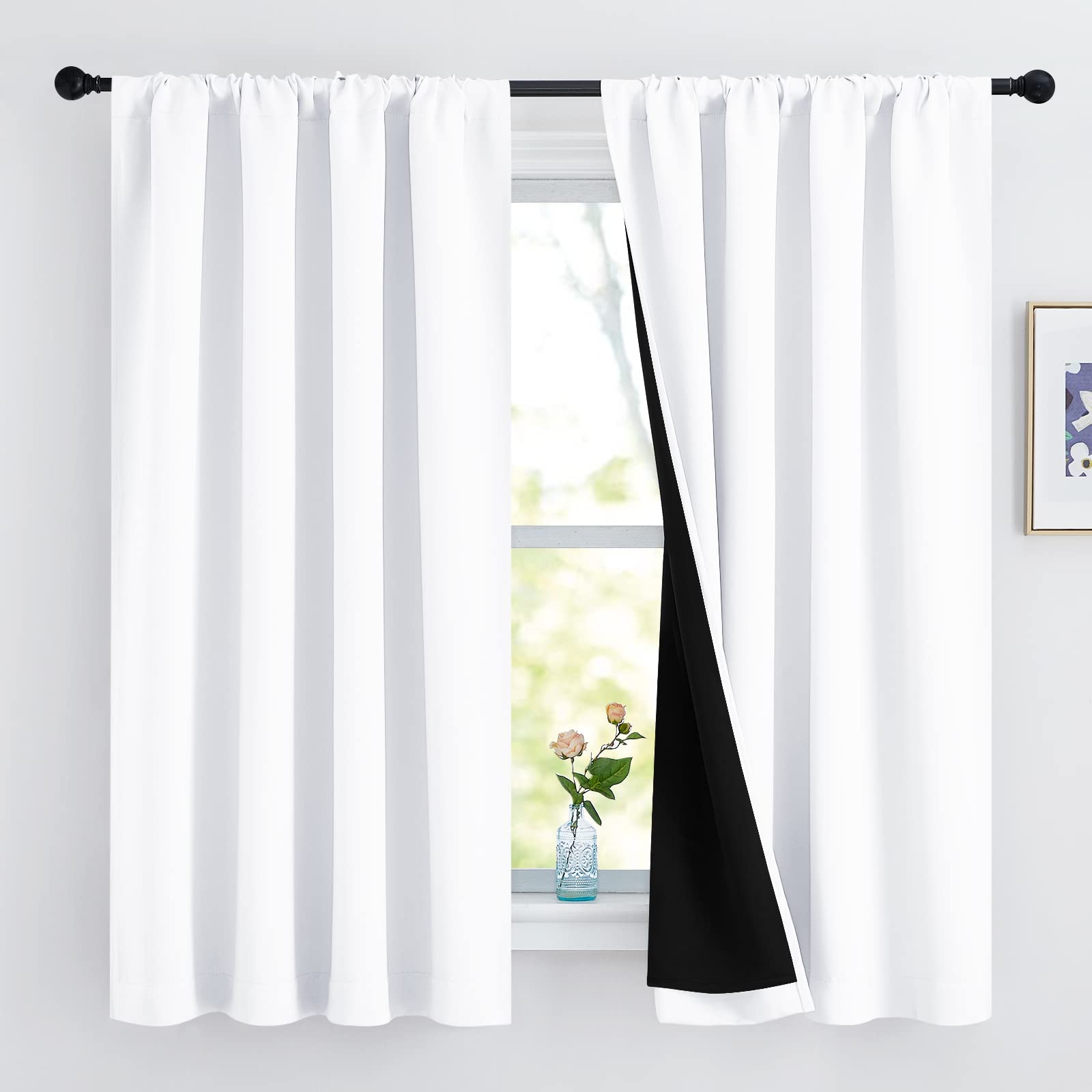 NICETOWN White 100% Blackout Curtains, 2 Thick Layers Completely Blackout Rod Pocket Thermal Insulated Drapes for Kitchen/Bedroo