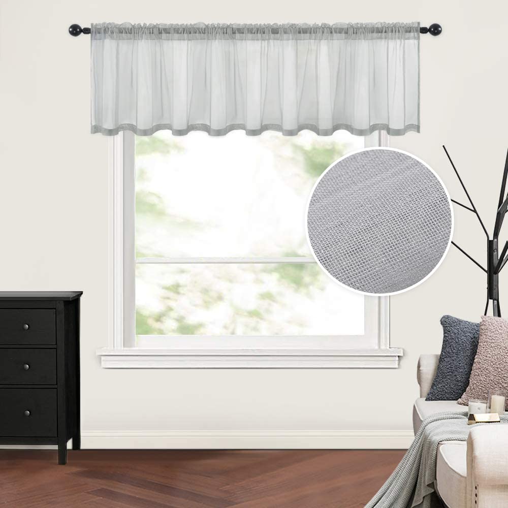 MIULEE Solid Gray Kitchen Sheer Valance Linen Look Window Curtain,Living Room Windows Voile Valance Rod Pocket 1 Panels (60 W x 