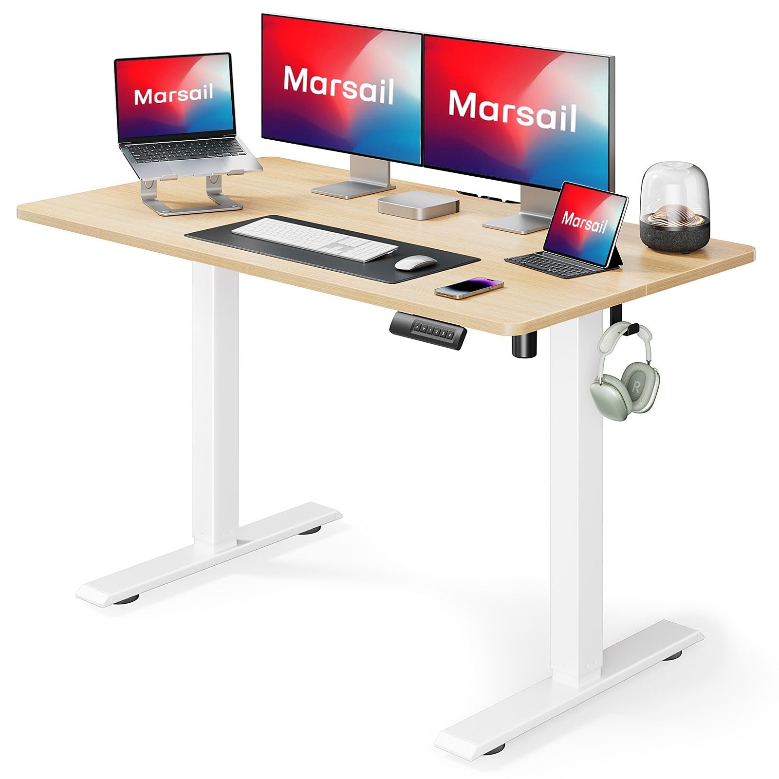 Marsail Electric Standing Desk with LED Lights, 48x24 Inch Adjustable Height Sit Stand up Desk for Home Office Furniture Compute