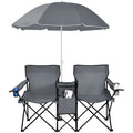 Goplus Double Camping Chair with Umbrella, Folding Loveseat Chairs w/Canopy Shade, Carrying Bag, Table, Cup Holder, Portable Bea
