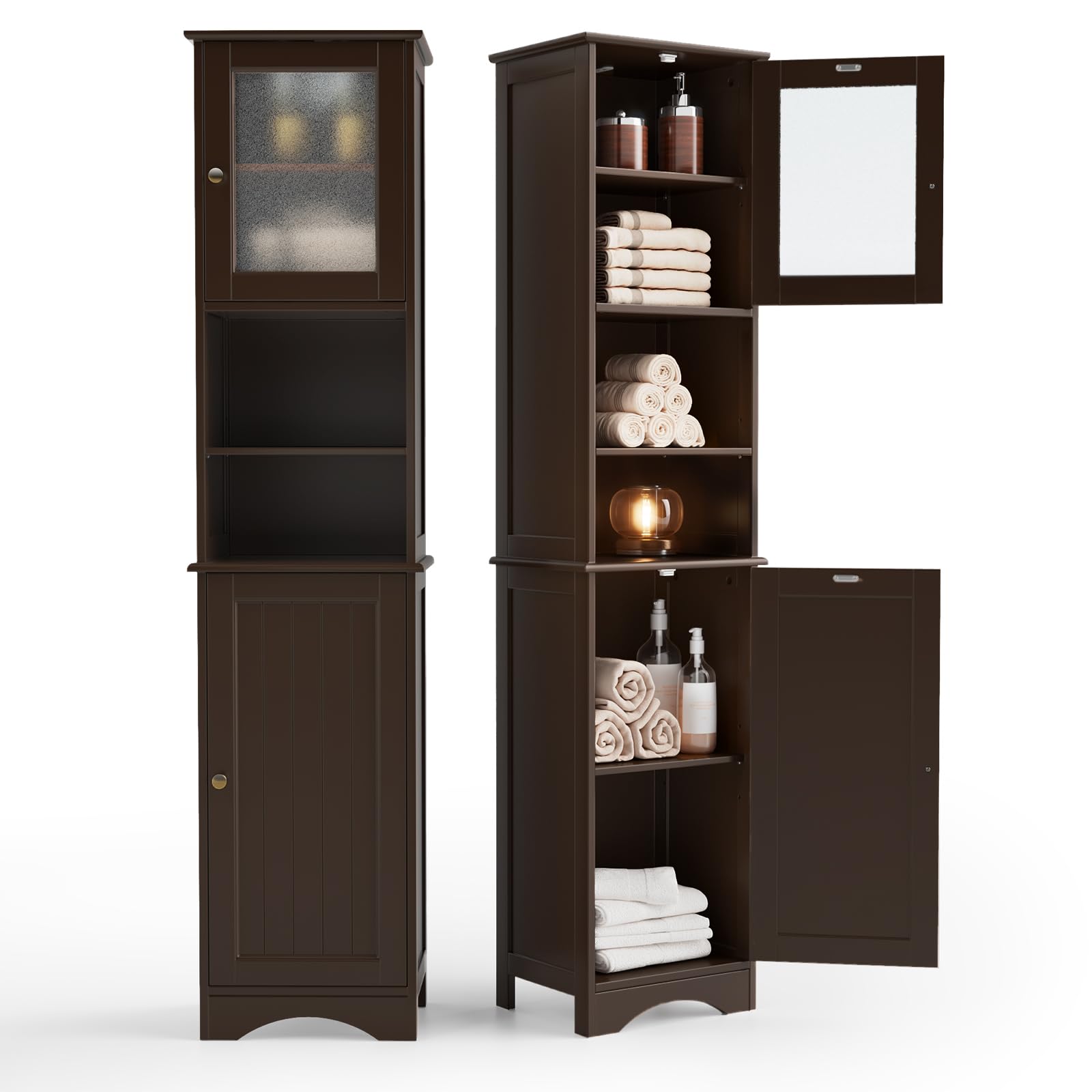 Gizoon Tall Bathroom Storage Tower, Freestanding Linen Cabinet with Two-Way Doors, Adjustable Shelves, Anti-Tip Floor Cabinet, f