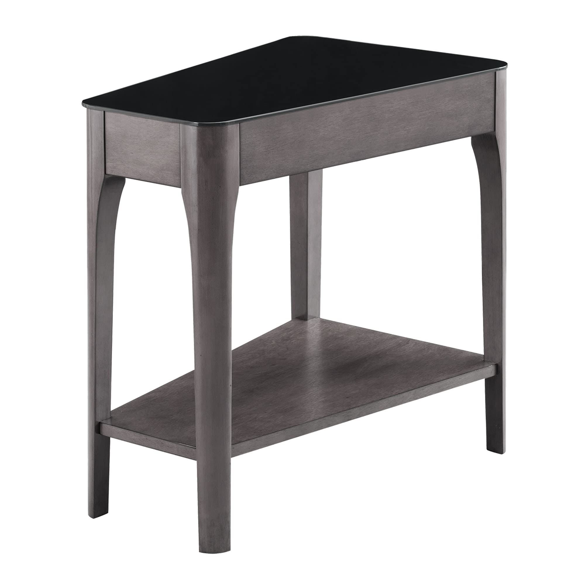 Leick Home Obsidian End Table, Solid Wood, Narrow Wedge Shape, Glass Tabletop, Bottom Display Shelf, Easy Assemlby, Smoke Gray/B