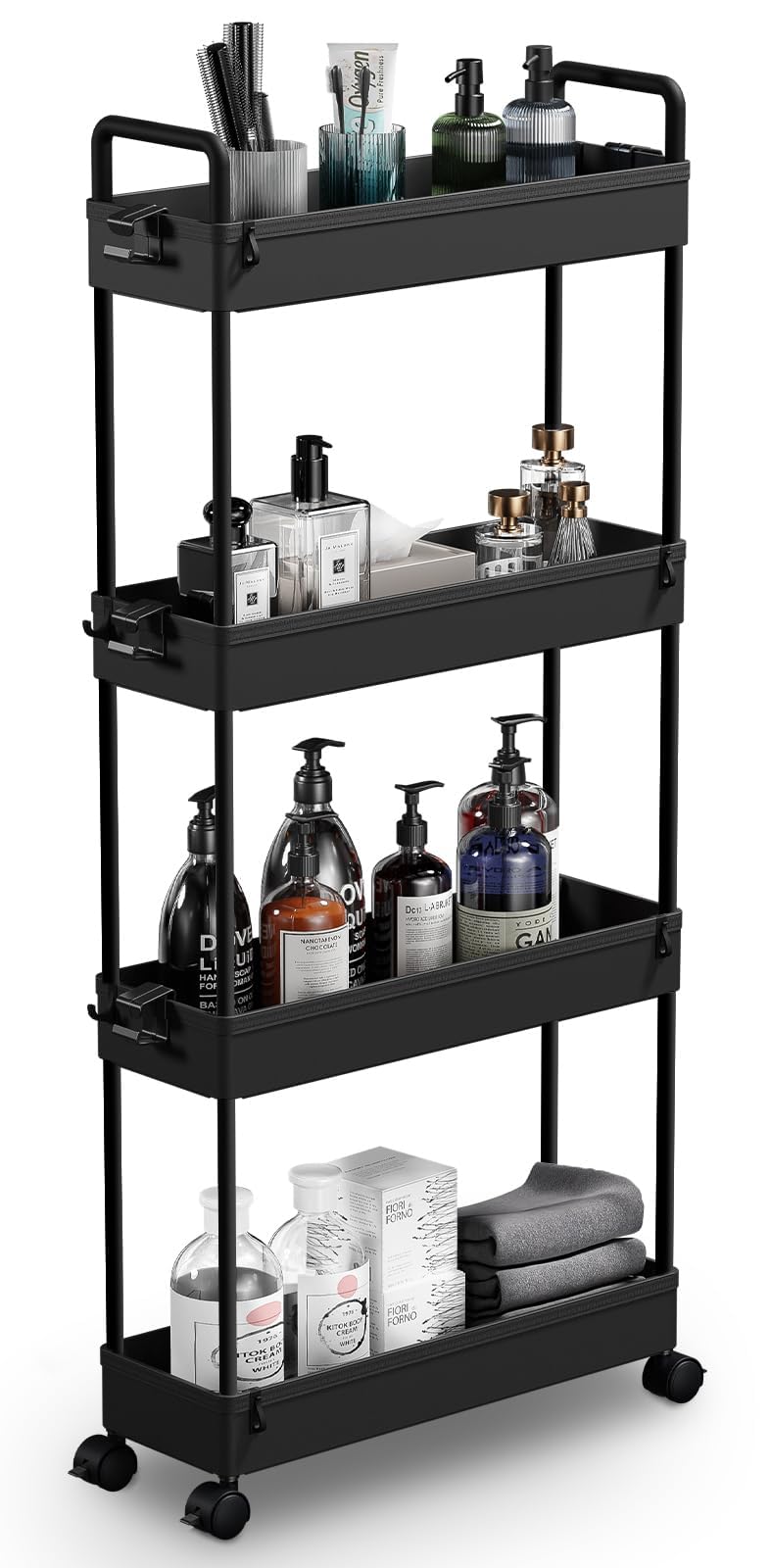 SOLEJAZZ Slim Storage Cart, 4 Tier Bathroom Organizer Mobile Shelving Unit, Rolling Utility Cart Slide Out Organizer for Kitchen