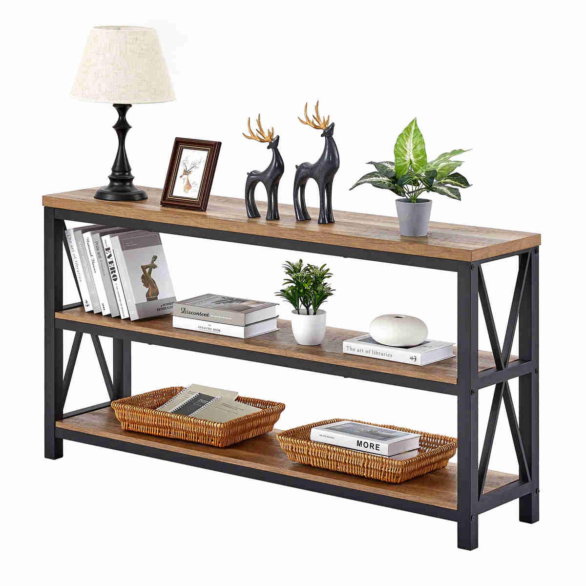 FATORRI Industrial Console Table for Entryway, Wood Sofa Table, Rustic Hallway Tables with 3-Tier Shelves for Living Room (55 In