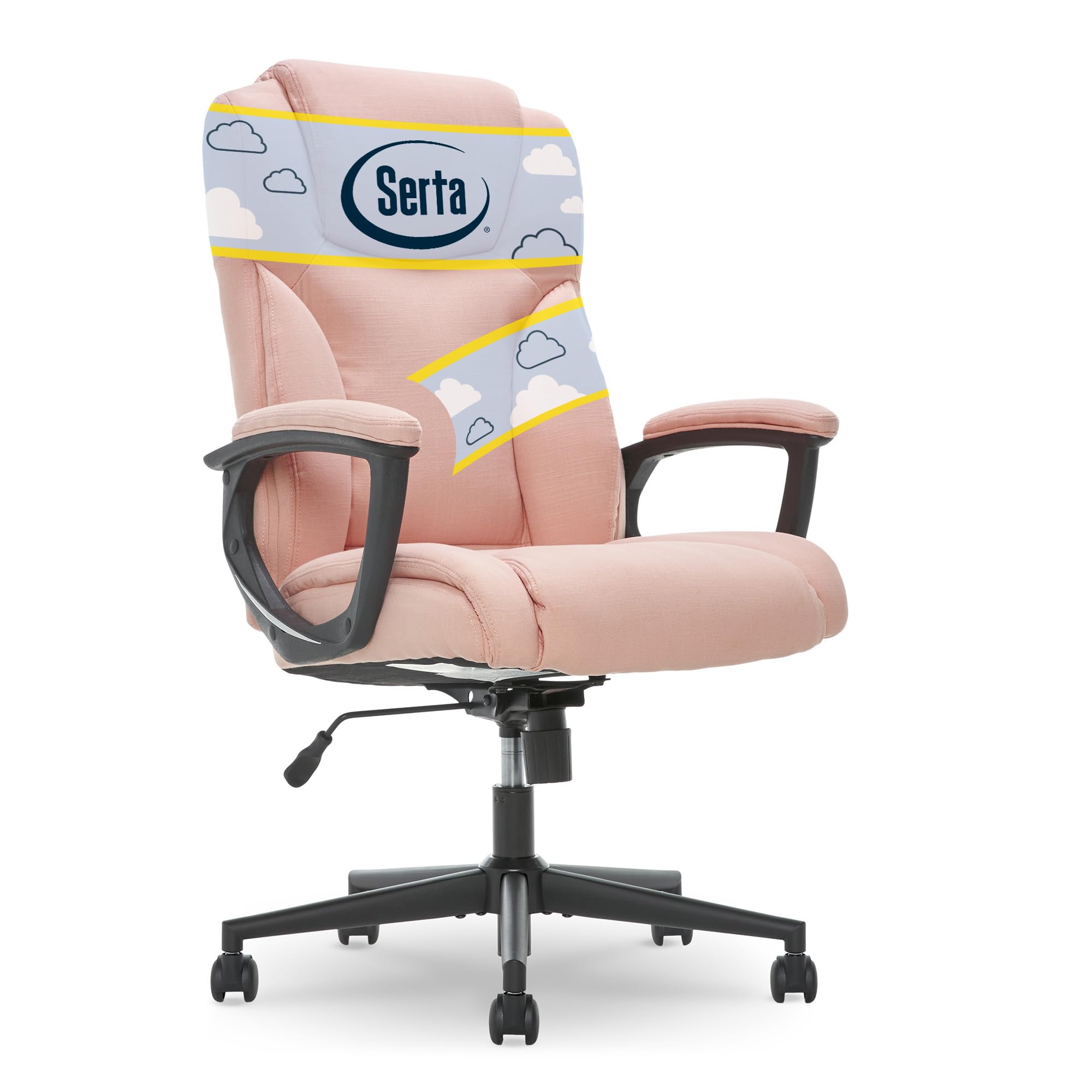 Serta Executive High Back Office Chair with Lumbar Support Ergonomic Upholstered Swivel Gaming Friendly Design, Microfiber, Pink
