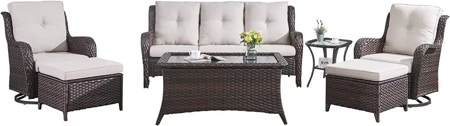 HUMMUH Patio Furniture Set 7 Pieces Wicker Outdoor Sectional Sofa with Swivel Rocker Chairs,Coffee Side Table,Outdoor Ottomans f