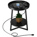 Gadroad Round End Table with Charging Station, USB Ports and Anti-Drop Fence, Wood Tabletop & Black Metal Frame, 2-Tier Side Tab