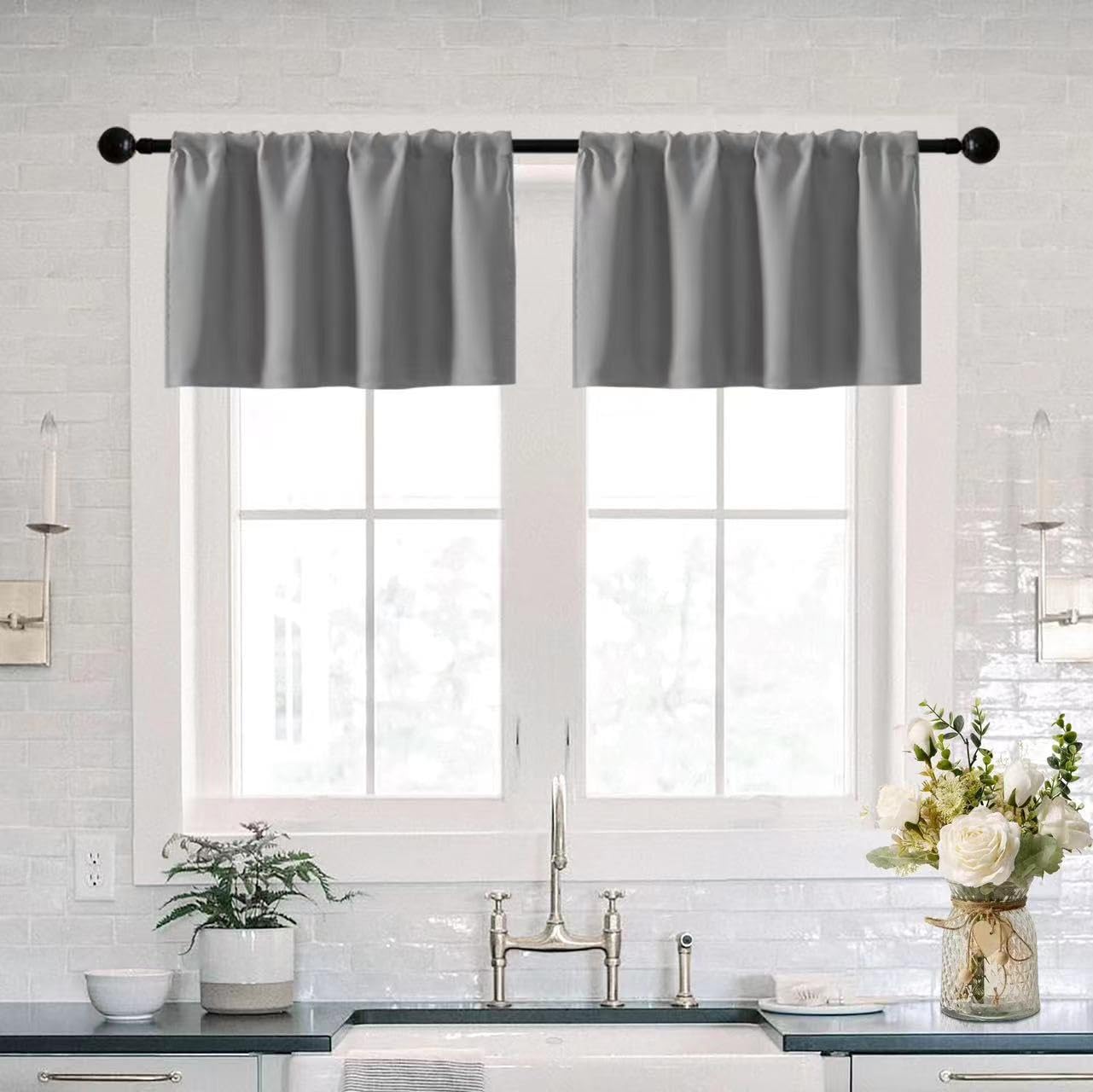 XTMYI Waterproof Blackout Fabric 12 Inch Valances for Windows, Light Grey