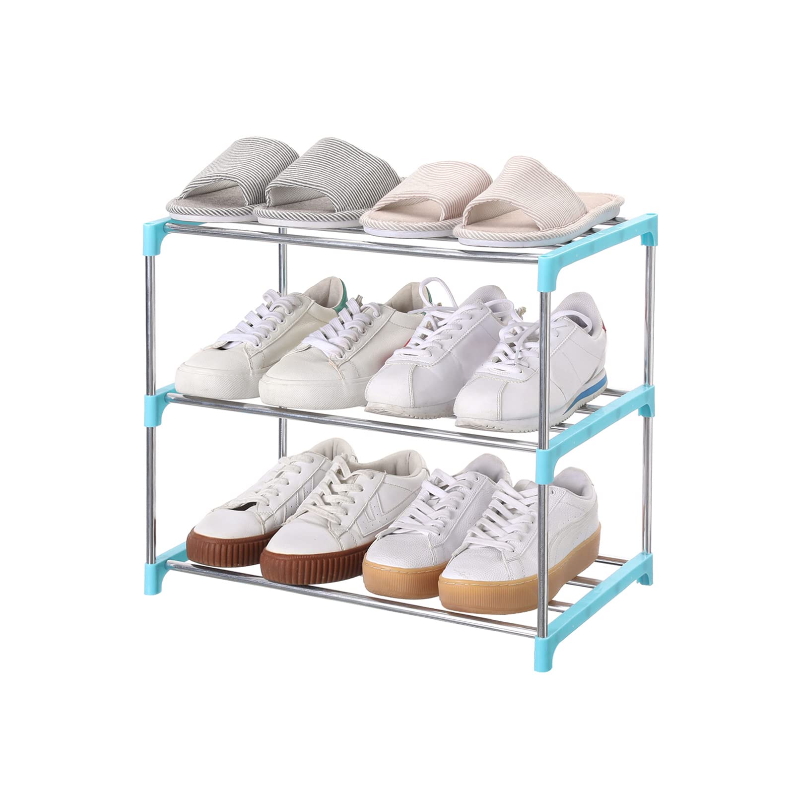 Jucaifu Stackable Small Shoe Rack, Entryway, Hallway and Closet Space Saving Storage and Organization (3-Tier, Blue)