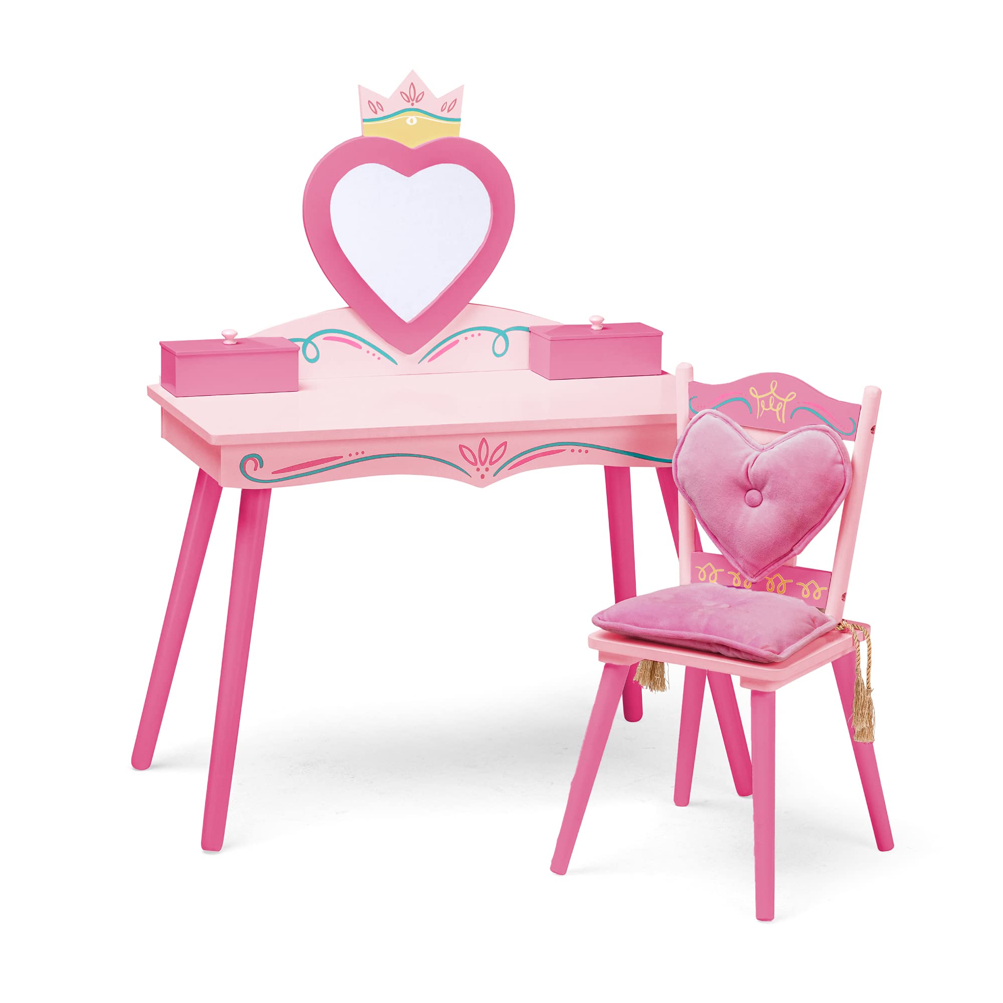 Wildkin Kids Princess Vanity & Chair Set - Wooden Vanity for Girls with Mirror, Jewelry Box & Music Box, with Removable Cushione