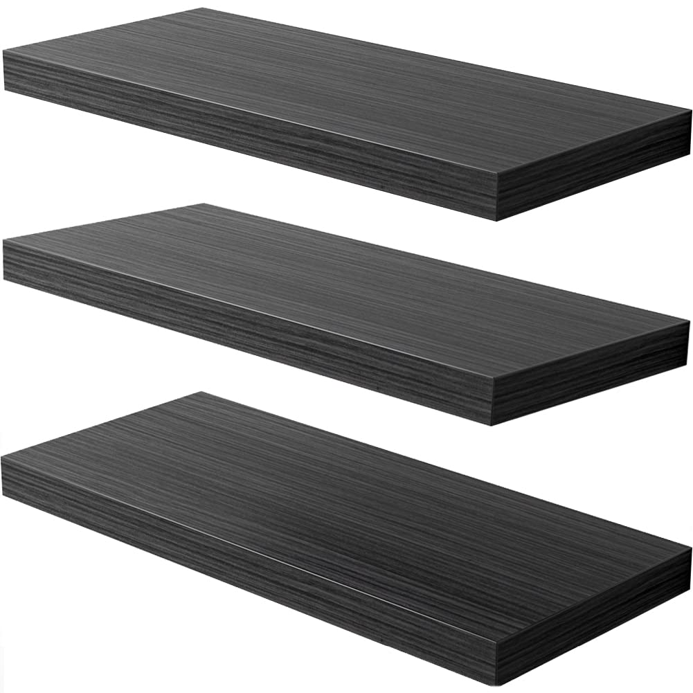 JPND Wall Shelf Set of 3, Dark Wood Floating Shelves 30 in W x 10 in D x 1 in H, Wooden Floating Wall Shelf with Invisible Brack