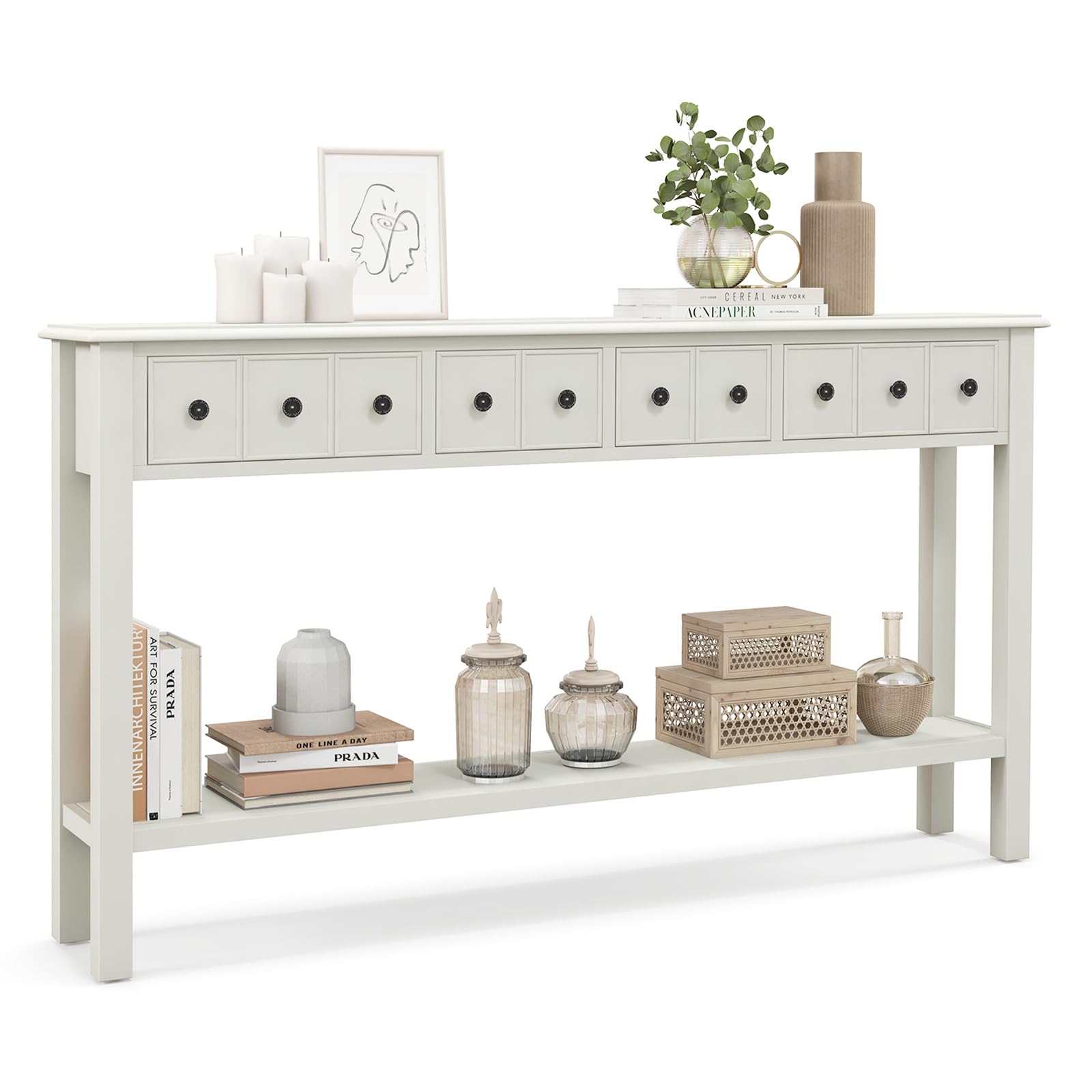Giantex Narrow Console Table with Storage - 60  Long Sofa Side Table w/ 4 Drawers & Open Shelf, Solid Wood Legs, Rectangular Ent