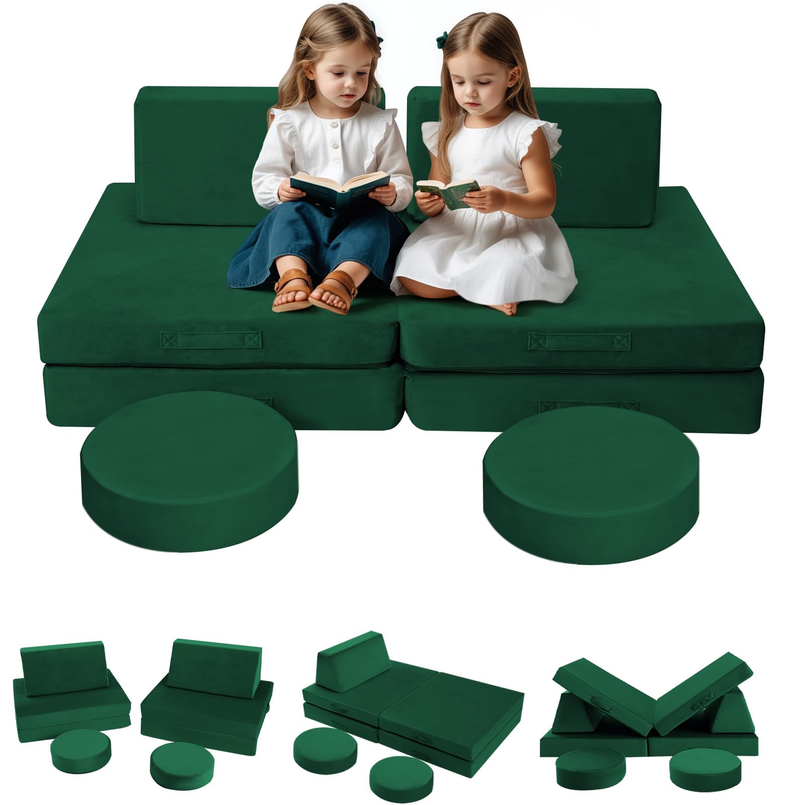 MeMoreCool 8-Piece Modular Kids Play Couch Sofa - Green Convertible Toddler Couch for Playroom, Fold-Out Foam Baby Couch Play Se