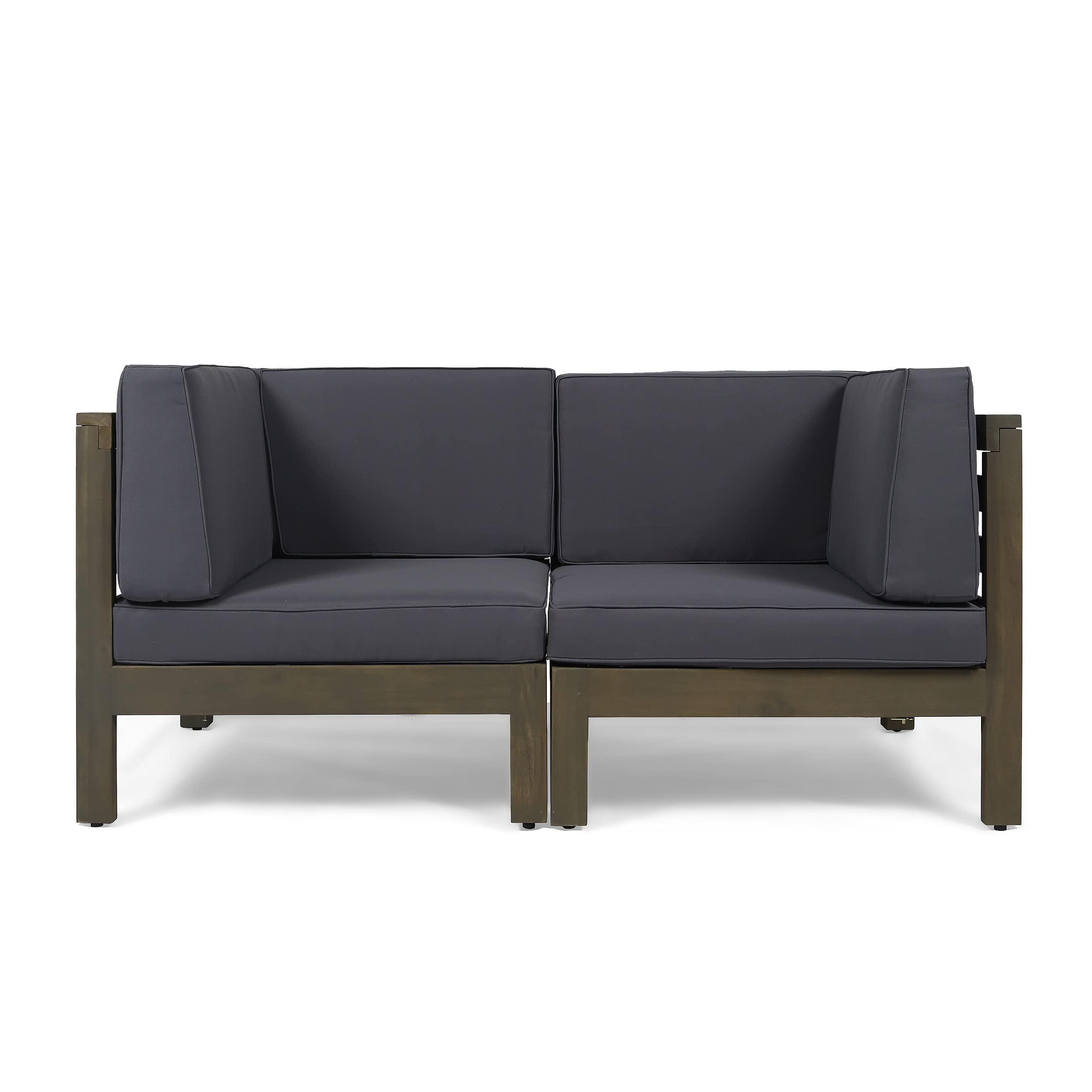 Great Deal Furniture Dawson Outdoor Sectional Loveseat Set - 2-Seater - Acacia Wood - Outdoor Cushions - Gray and Dark Gray