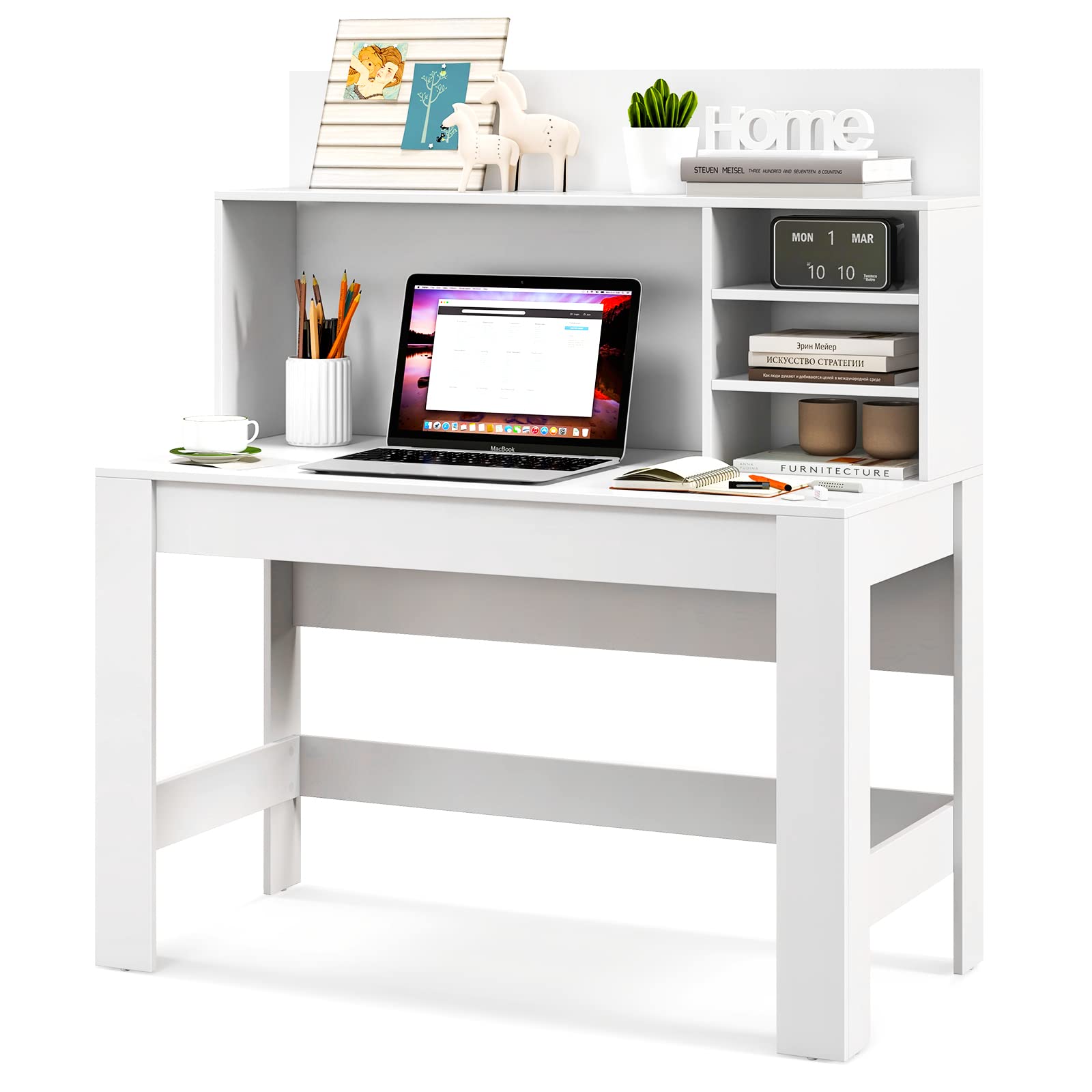 Tangkula White Desk with Hutch, Home Office Desk with Bookshelf, Writing Study Desk with Anti-Toppling Device & Cable Hole, Mode