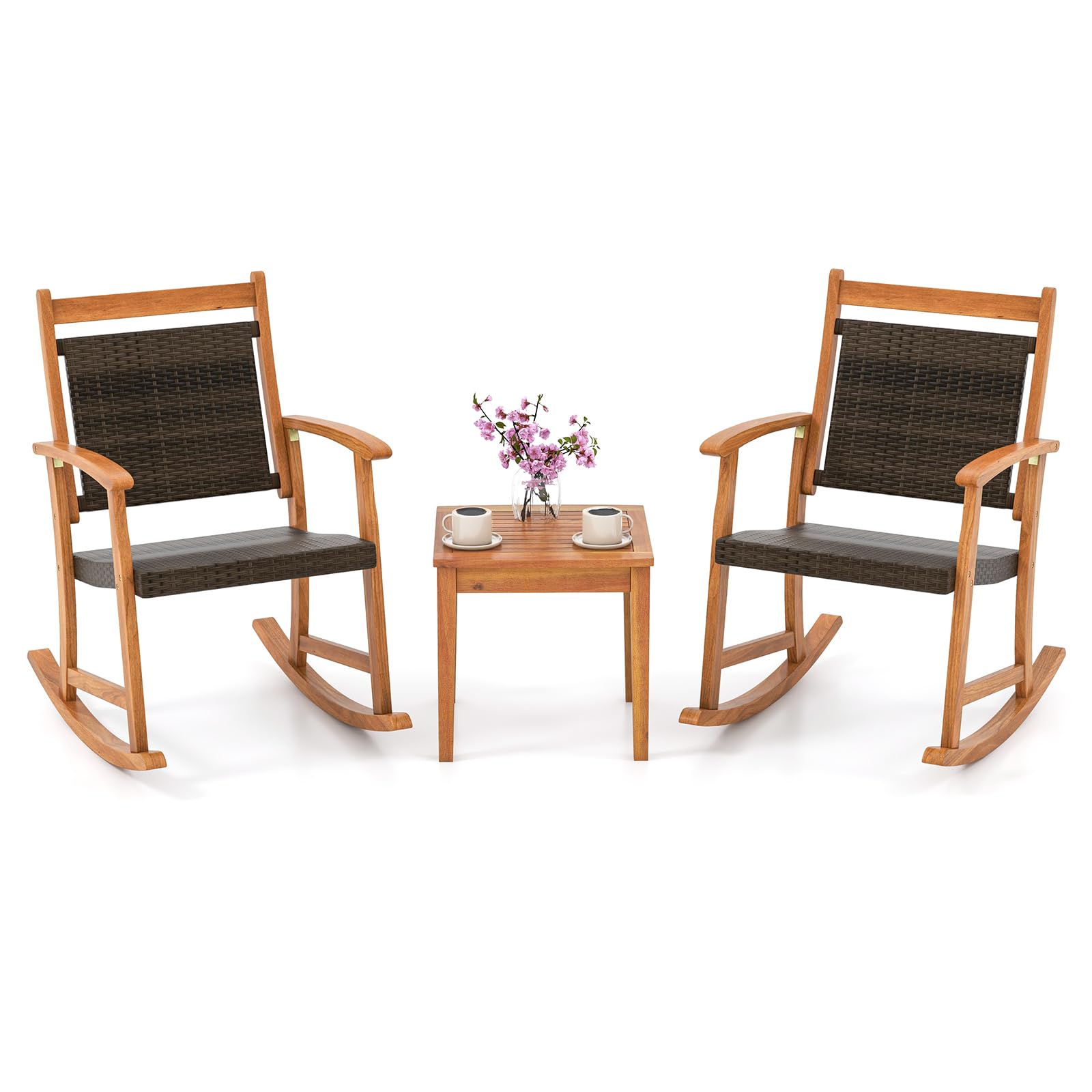 Tangkula 3 Pieces Patio Rocking Chair Set, Patiojoy Acacia Wood Rocker with Side Table, Outdoor Chairs with Wicker Rattan Seat &