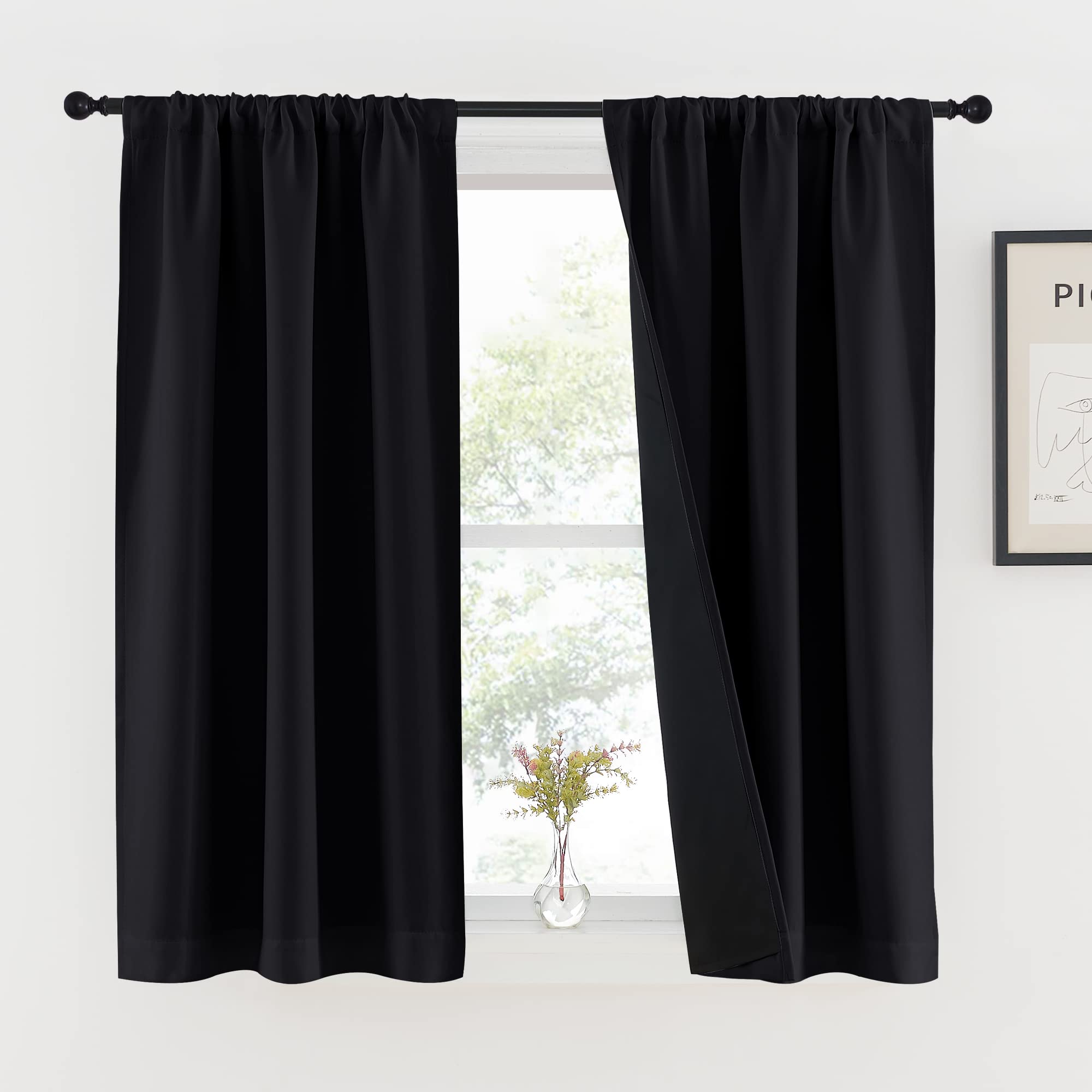 NICETOWN 100% Blackout Kitchen Curtains 54 inches Long, Double-Deck Completely Blackout Window Treatment Thermal Insulated Lined