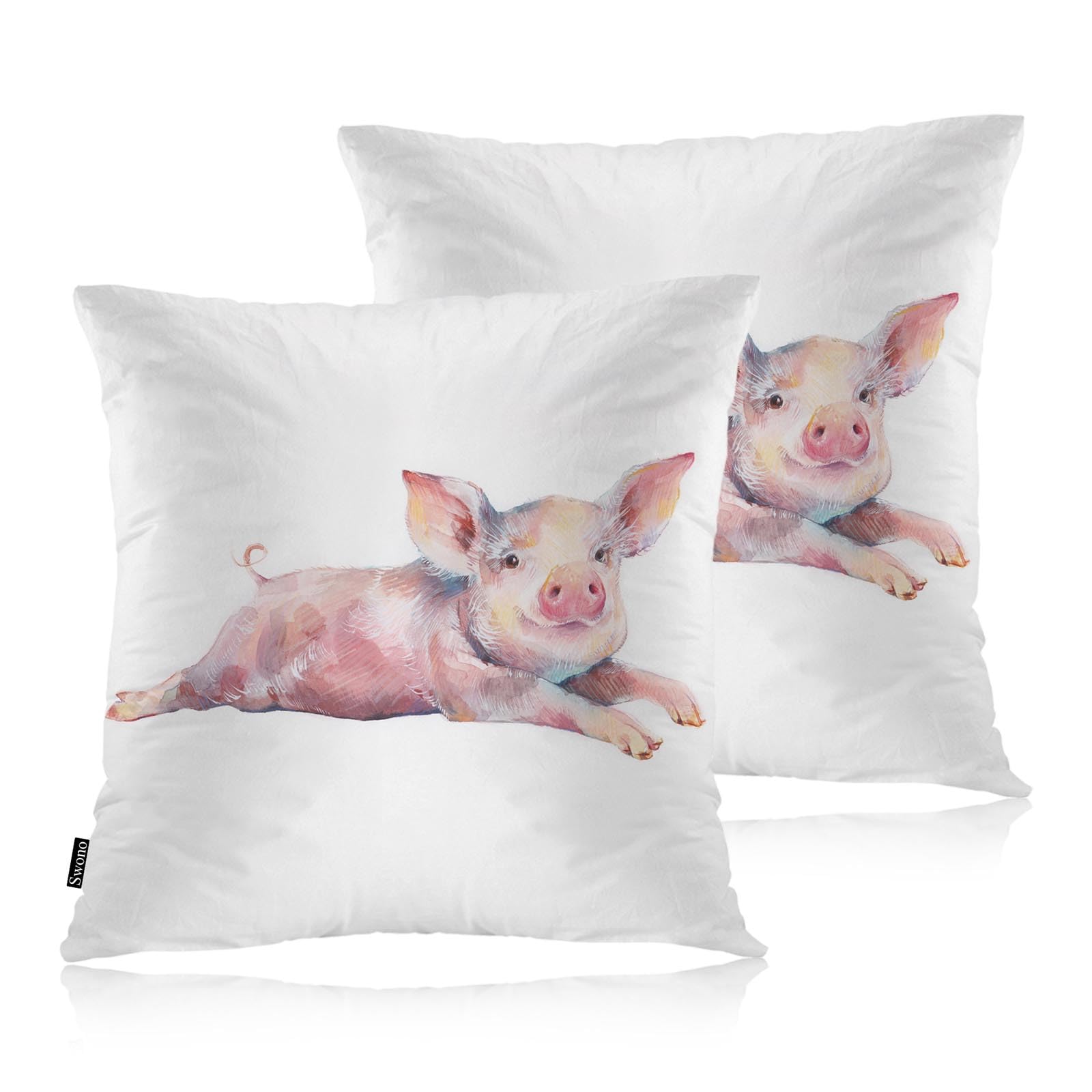 Swono Pig Throw Pillow Case, Cute Piggy Square Home Decorative Cushion Cover for 18 X 18 Inches Pillow Covers, Farm Pig Pink 2 P