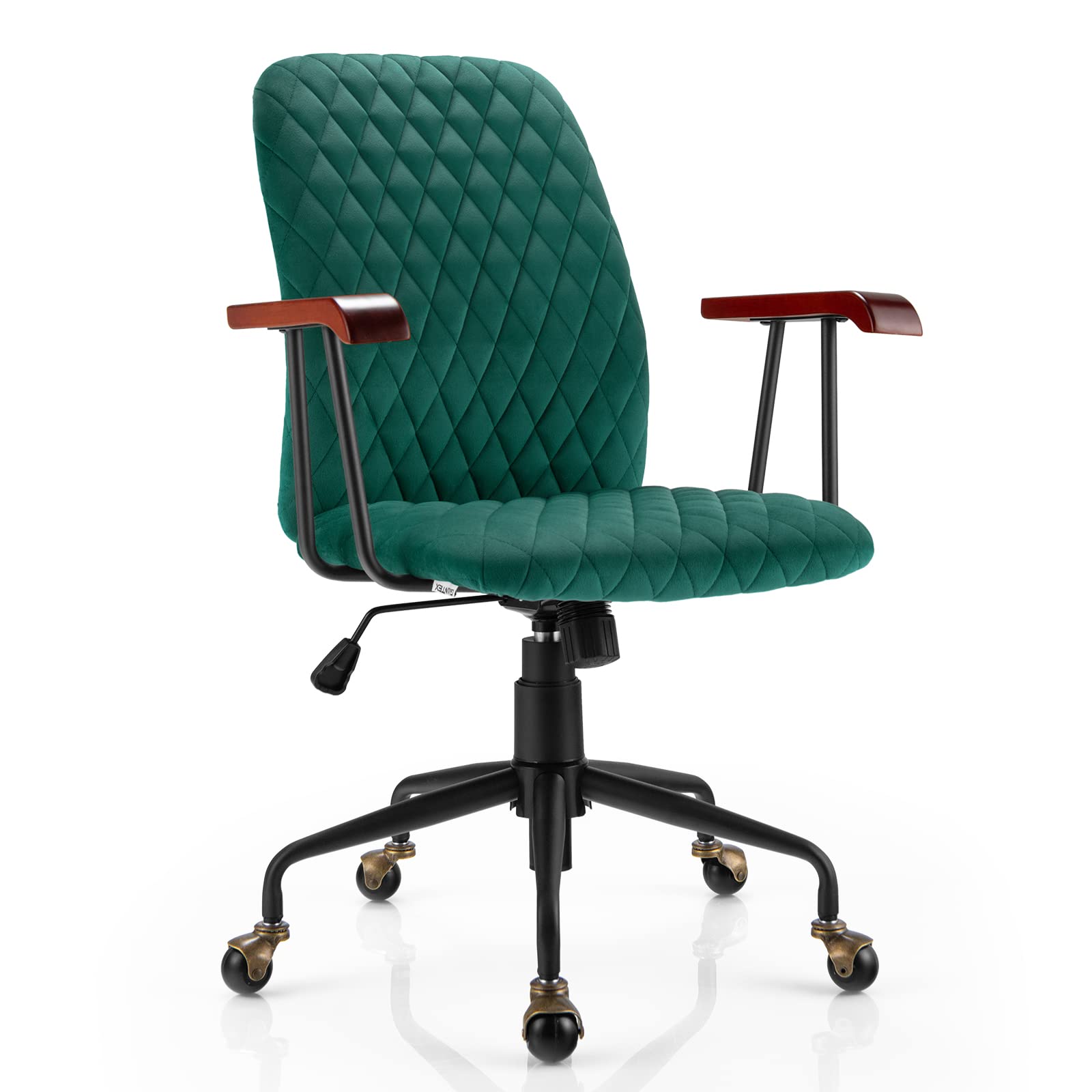 Giantex Home Office Desk Chair Green, Vintage Adjustable Swivel Rolling Chair with Copper Wheels & Armrest, Mid Century Leisure 