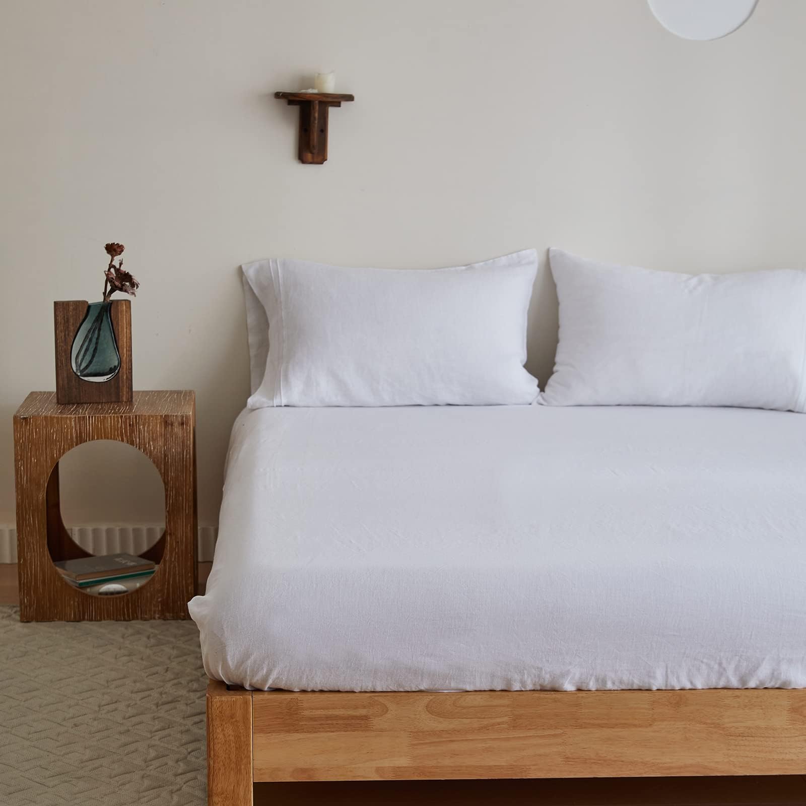 King Linens 100% Linen Fitted Sheet Stone Washed Solid Color - (1 Piece) 14 inch Deep Pocket Mattress Cover Soft Natural Breatha