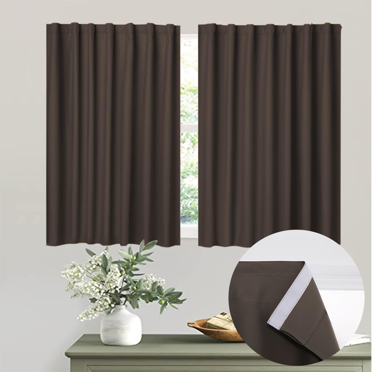 Muamar 2pcs Self Adhesive Small Blackout Curtains with Tiebacks,Portable Curtains for Kitchen Window,Cabinet Curtains Rental Cur