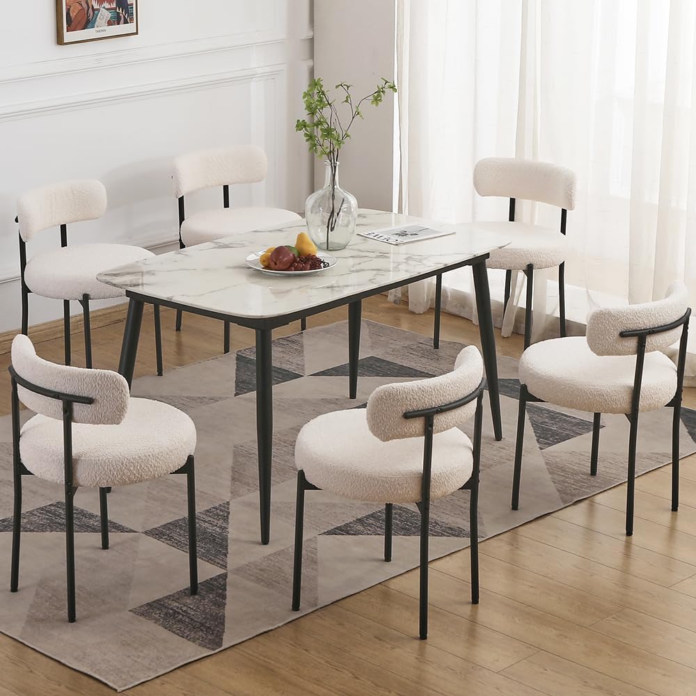 EDWELL White Dining Chairs Set of 6, Modern Dining Room Chairs with 3.94 Cushions Mid-Century, Round Upholstered Boucle Chairs f