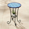 Teal Island Designs Blue Star Modern Black Metal Round Outdoor Accent Side Table 14 Wide with Lower Shelf Mosaic Tabletop Gracef