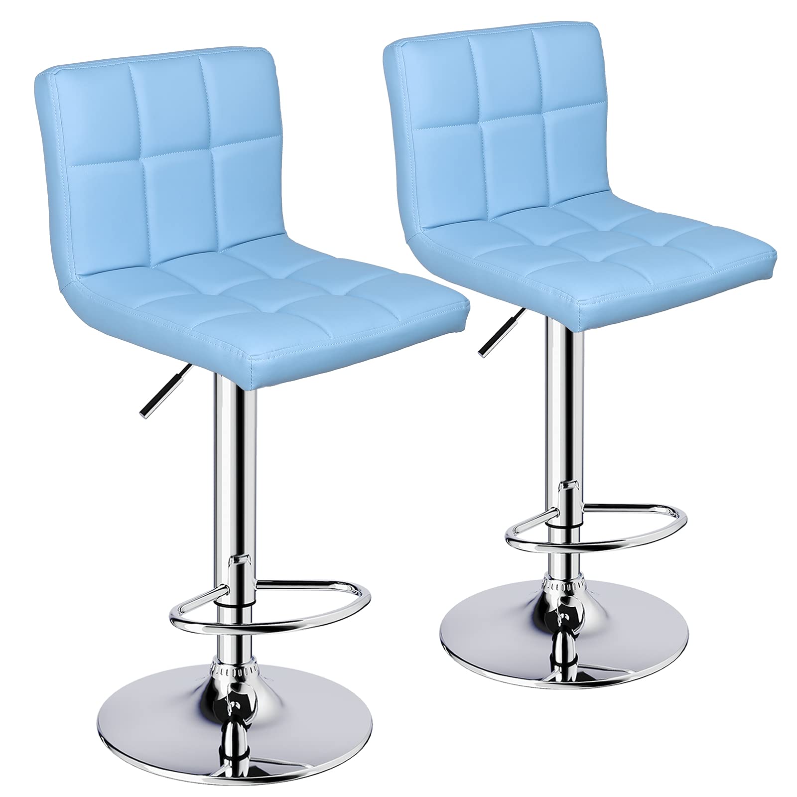 Leopard Bar Stools, Modern PU Leather Adjustable Swivel Bar Stool with Back, Set of 2 (Light Blue)