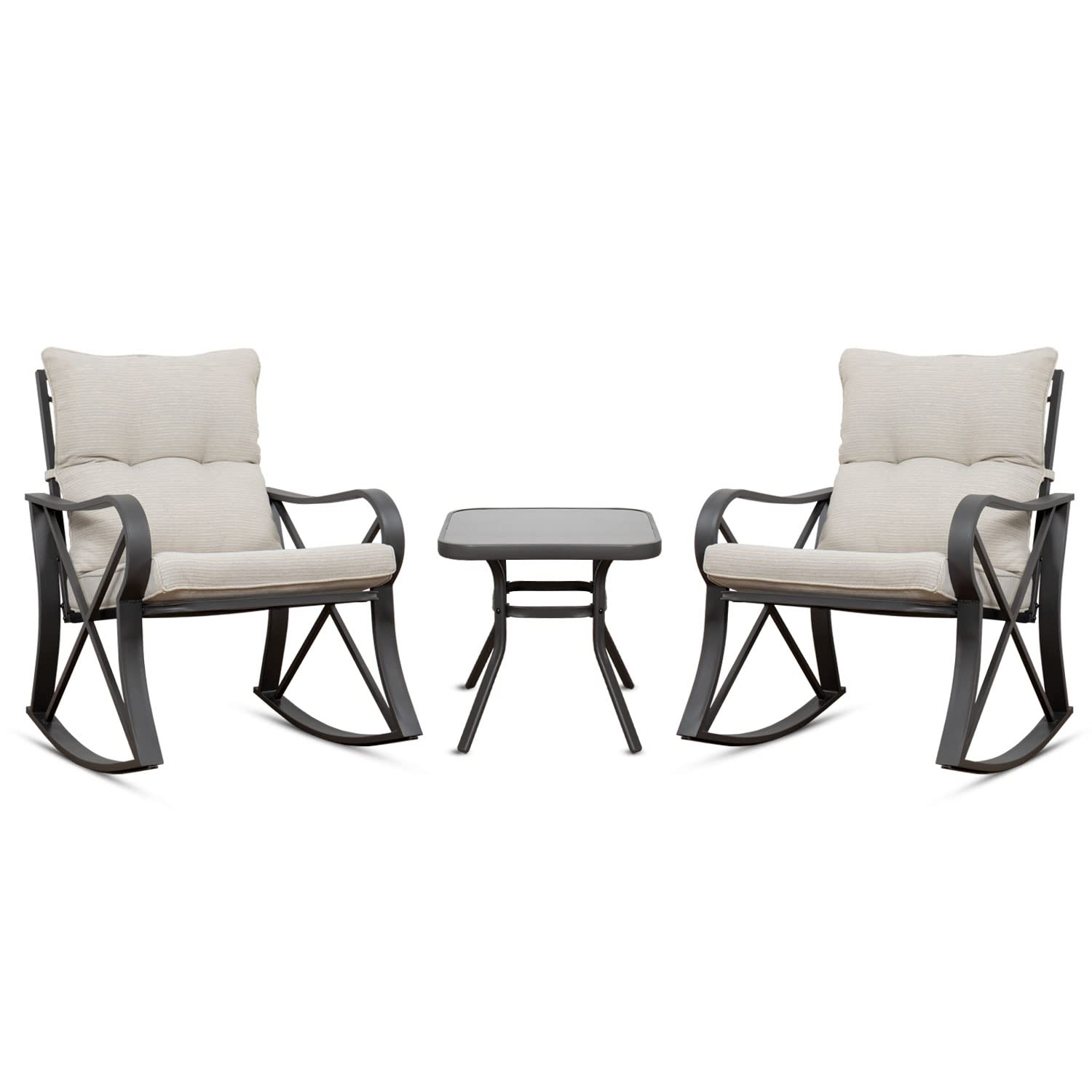 COSIEST 3 Piece Bistro Set Patio Rocking Chairs Outdoor Furniture w Beige Cushions, Glass-Top Table for Garden, Pool, Backyard