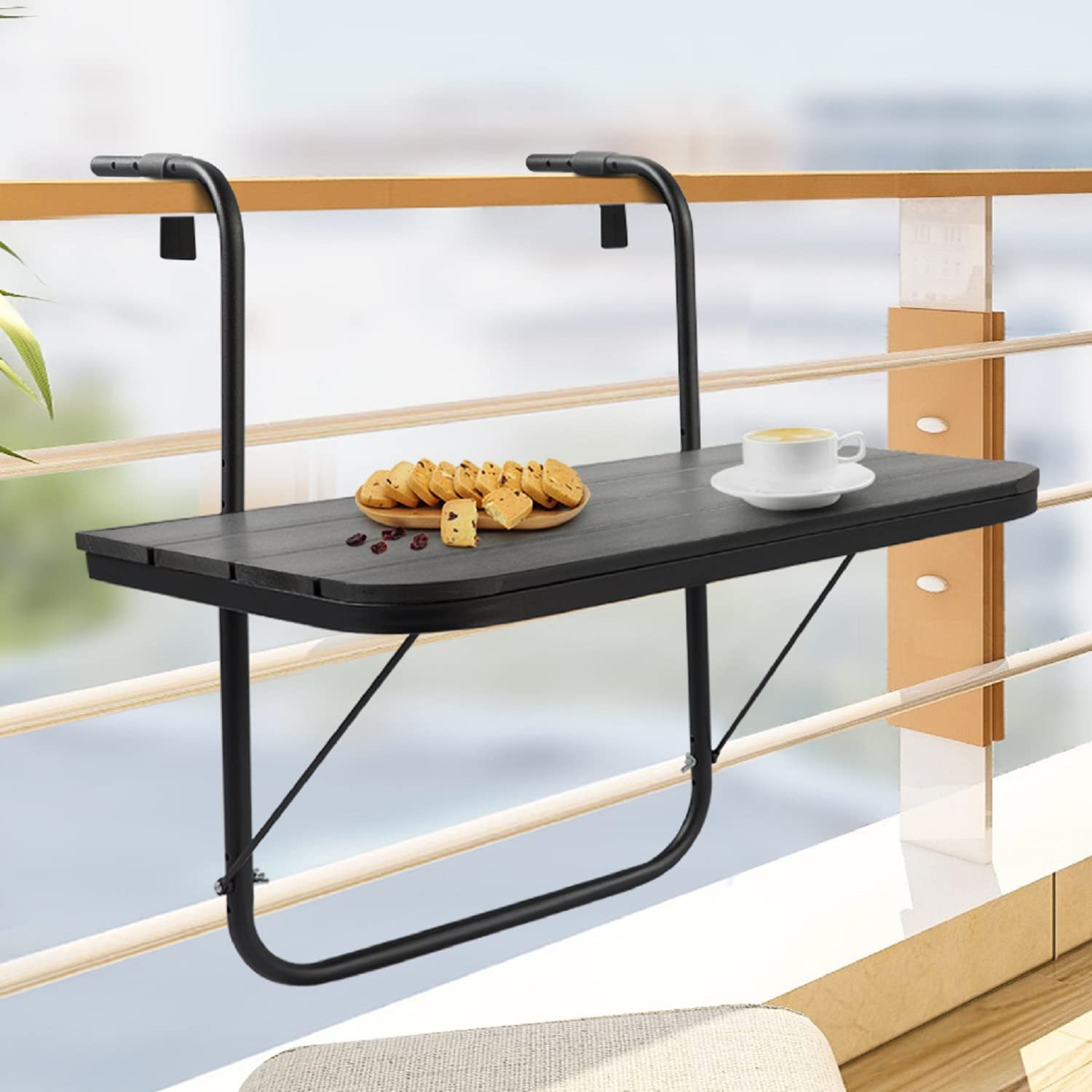 Balcony Table Hanging Deck Railing Table Outdoor Balcony Bar Table for Railings Aluminium Folding Adjustable for Patio Deck Gard