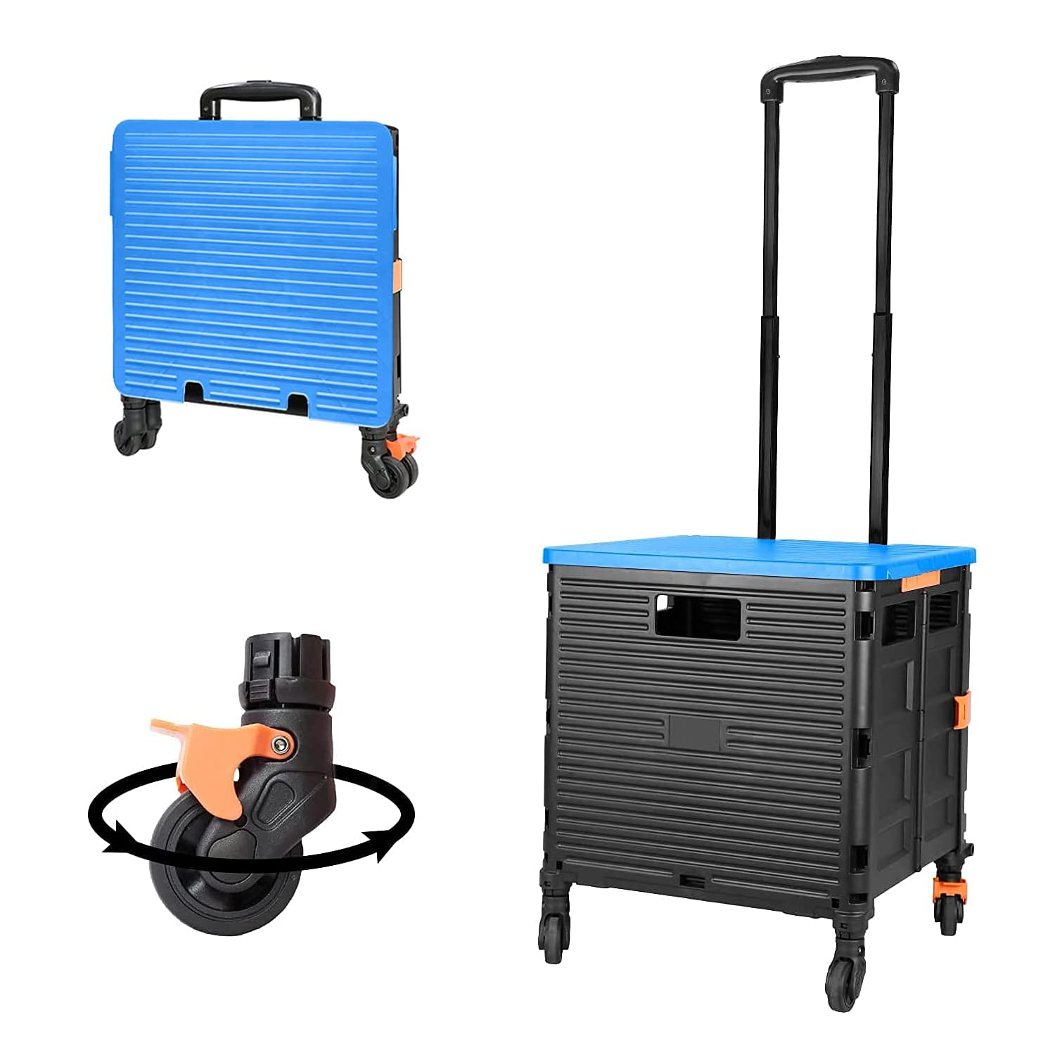 FELICON SELORSS Foldable Utility Cart Folding Portable Rolling Crate Handcart with Heavy Duty Telescoping Handle Collapsible 4 R