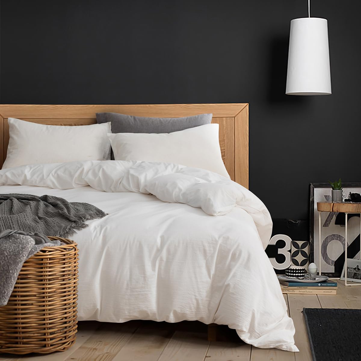 ECOCOTT White Duvet Cover California King Size, 100% Washed Cotton 1 Duvet Cover with Zipper and 2 Pillowcases, Ultra Soft and E