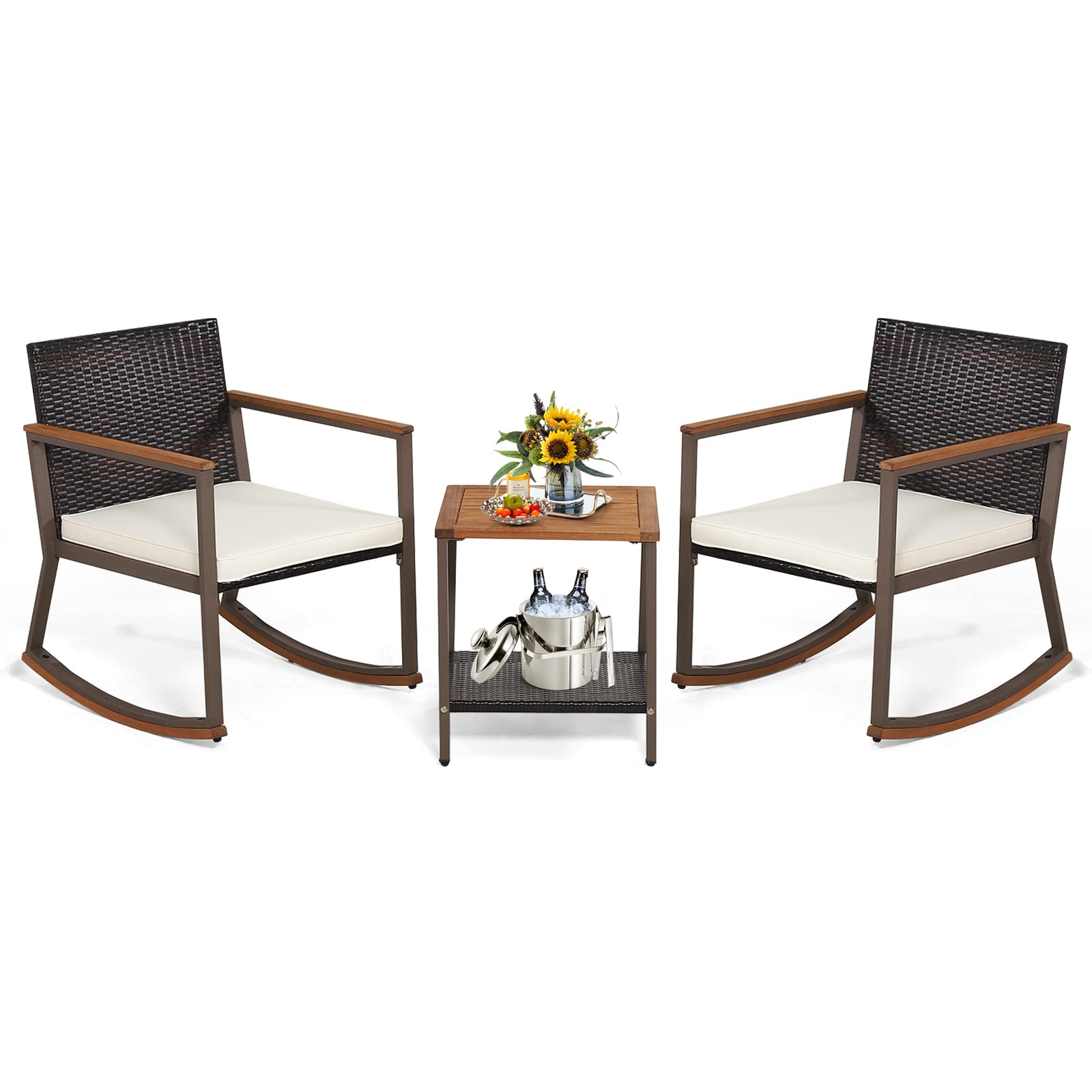 Tangkula 3 Pieces Rocking Bistro Set, Outdoor Rocker Chair with Coffee Table & Cushions, Patio Rattan Furniture Conversation Set
