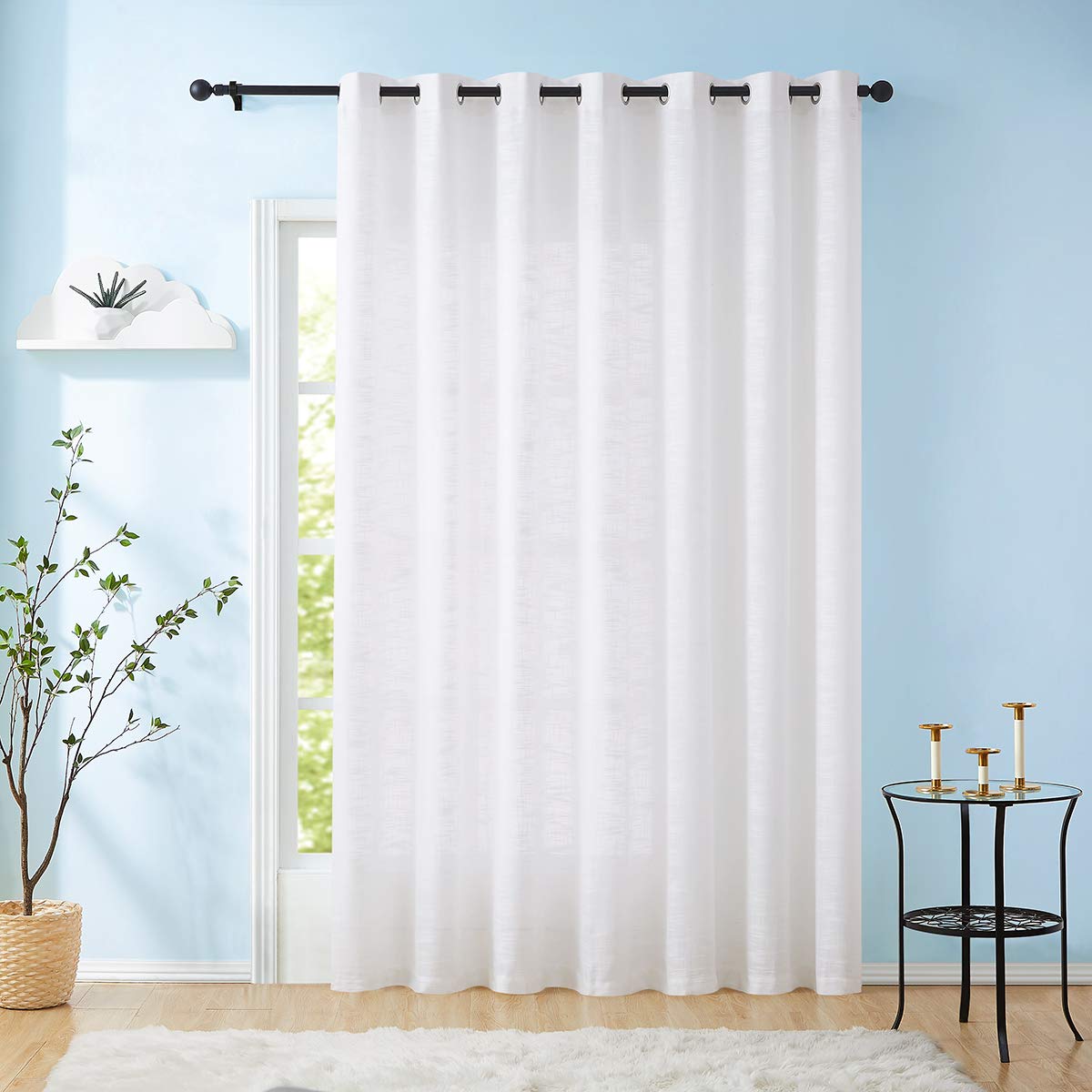 Linen Sheer White Curtains Sliding Door Curtain 108inches Long Patio Glass Door Curtain Panel 100 Width Rich Cross Weave Texture