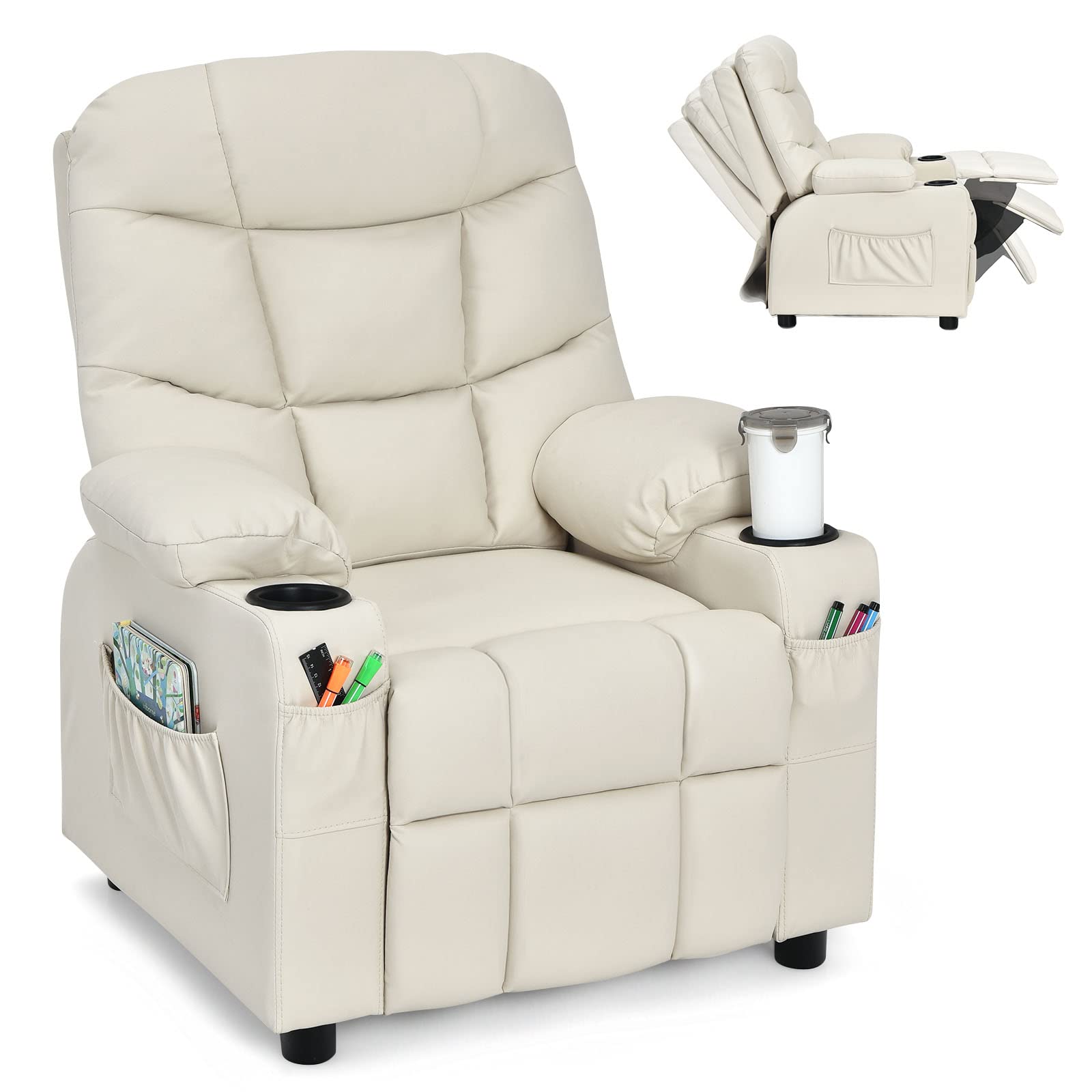 Costzon Kids Recliner Chair with Cup Holder, Adjustable Lounge Chair w/Footrest & Side Pockets for Children Boys Girls Room, Erg