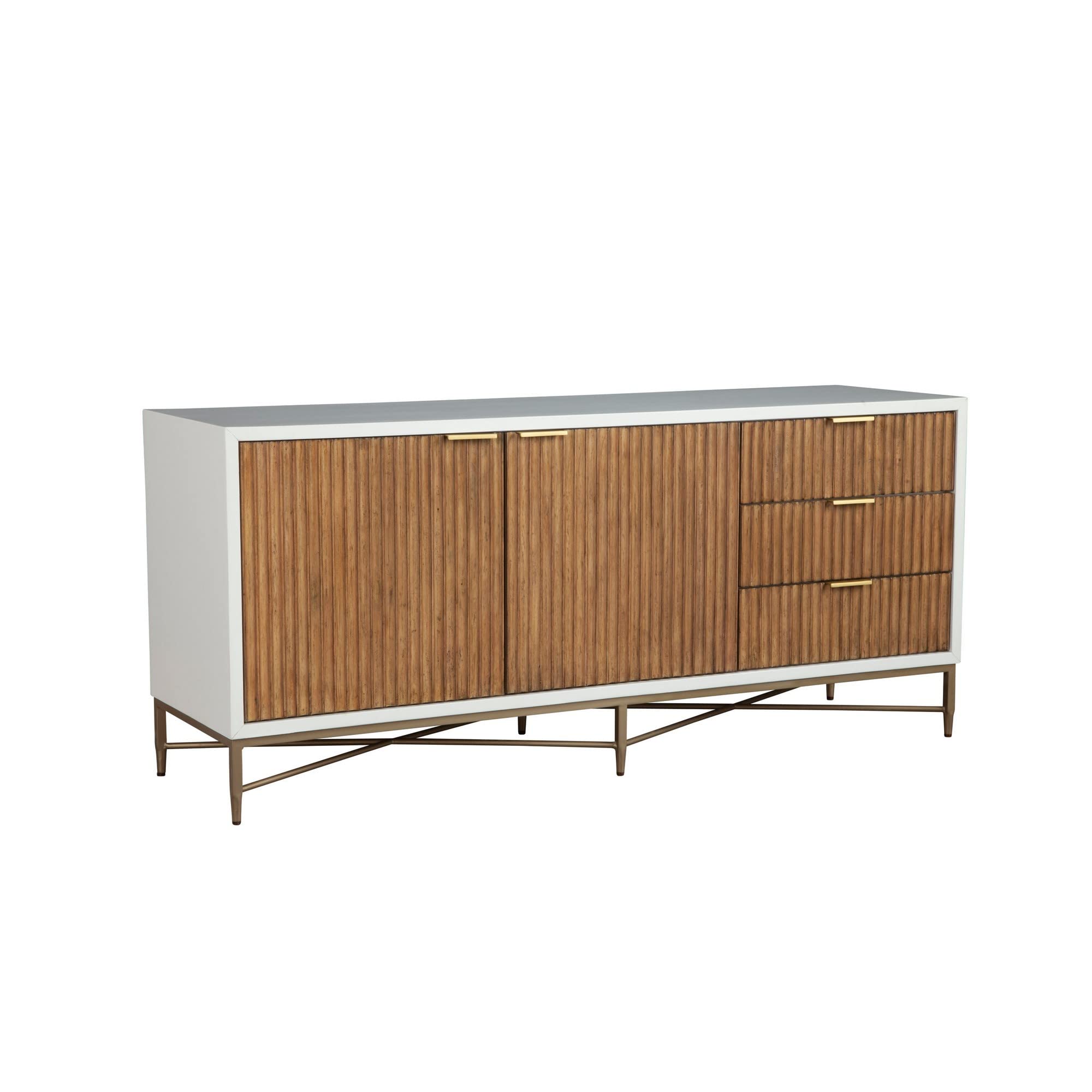 Benjara Eli 64 Inch TV Media Entertainment Center Console, 3 Drawers, White, Brown and Gold
