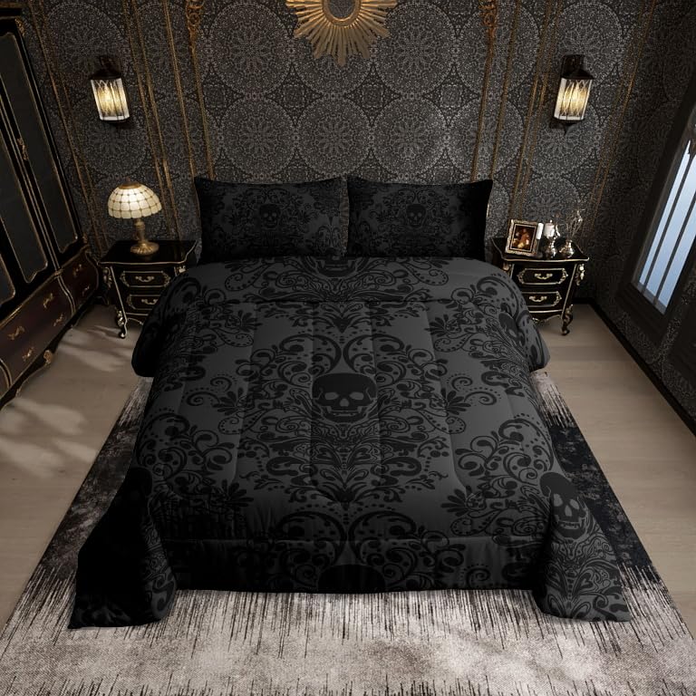 Feelyou Adults Gothic Skull Bedding Set Queen Size Kids Damask Print Comforter Cover Goth Bohemian Duvet Cover Breathable Soft L