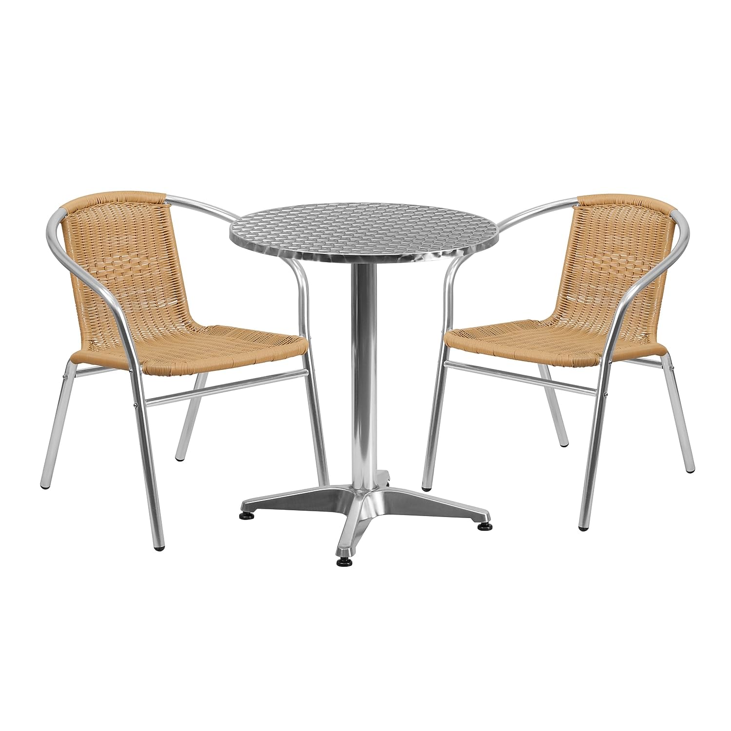 Flash Furniture Lila 23.5 Round Aluminum Indoor-Outdoor Table Set with 2 Beige Rattan Chairs