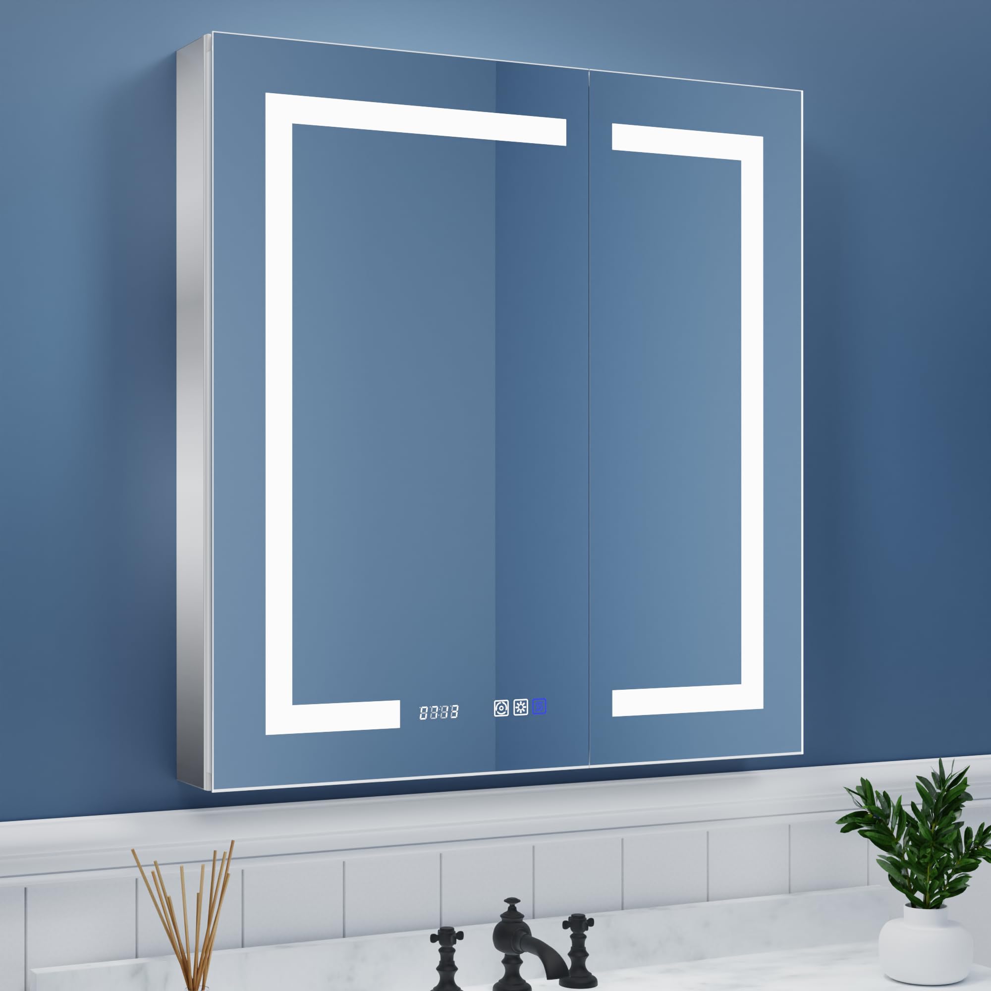 ExBrite LED Lighted Bathroom Medicine Cabinet with Mirror, 30 x 32 Inch, Recessed or Surface led Medicine Cabinet, Clock, Room T