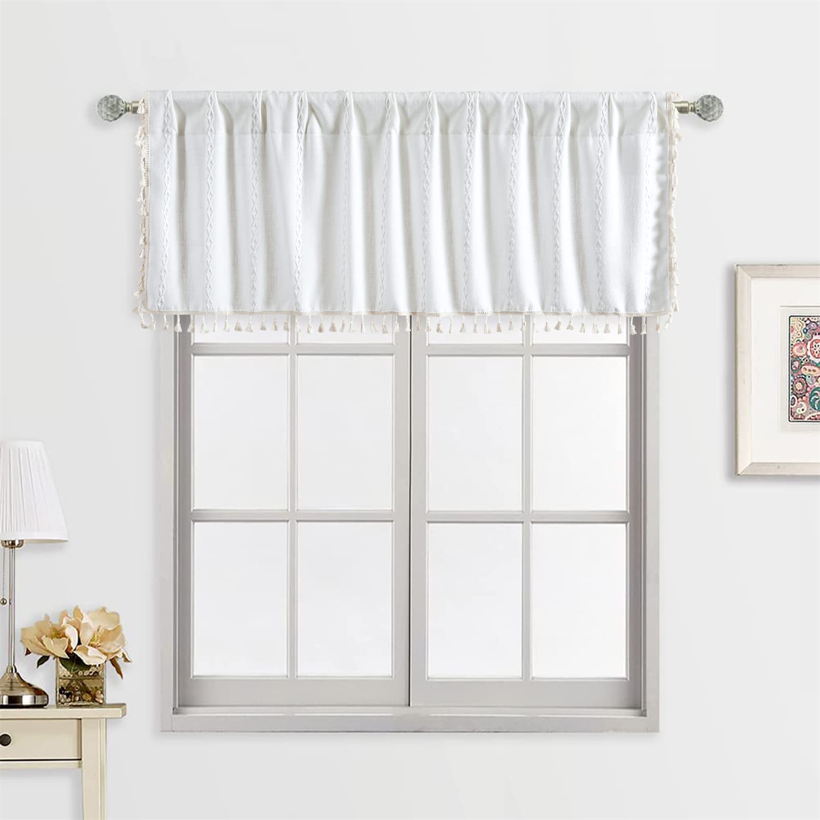 RoomTalks White Boho Kitchen Valances for Windows Rod Pocket 18L x 52W Embroidered French Striped Modern Farmhouse Chic Textured