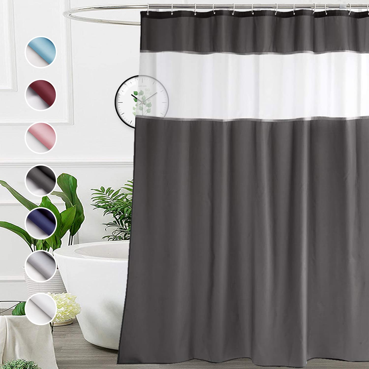 UFRIDAY Dark Gray Shower Curtain with White Mesh Top Window, Heavy Duty Fabric Bathroom Curtain Set with Weighted Bottom Hem, Wa