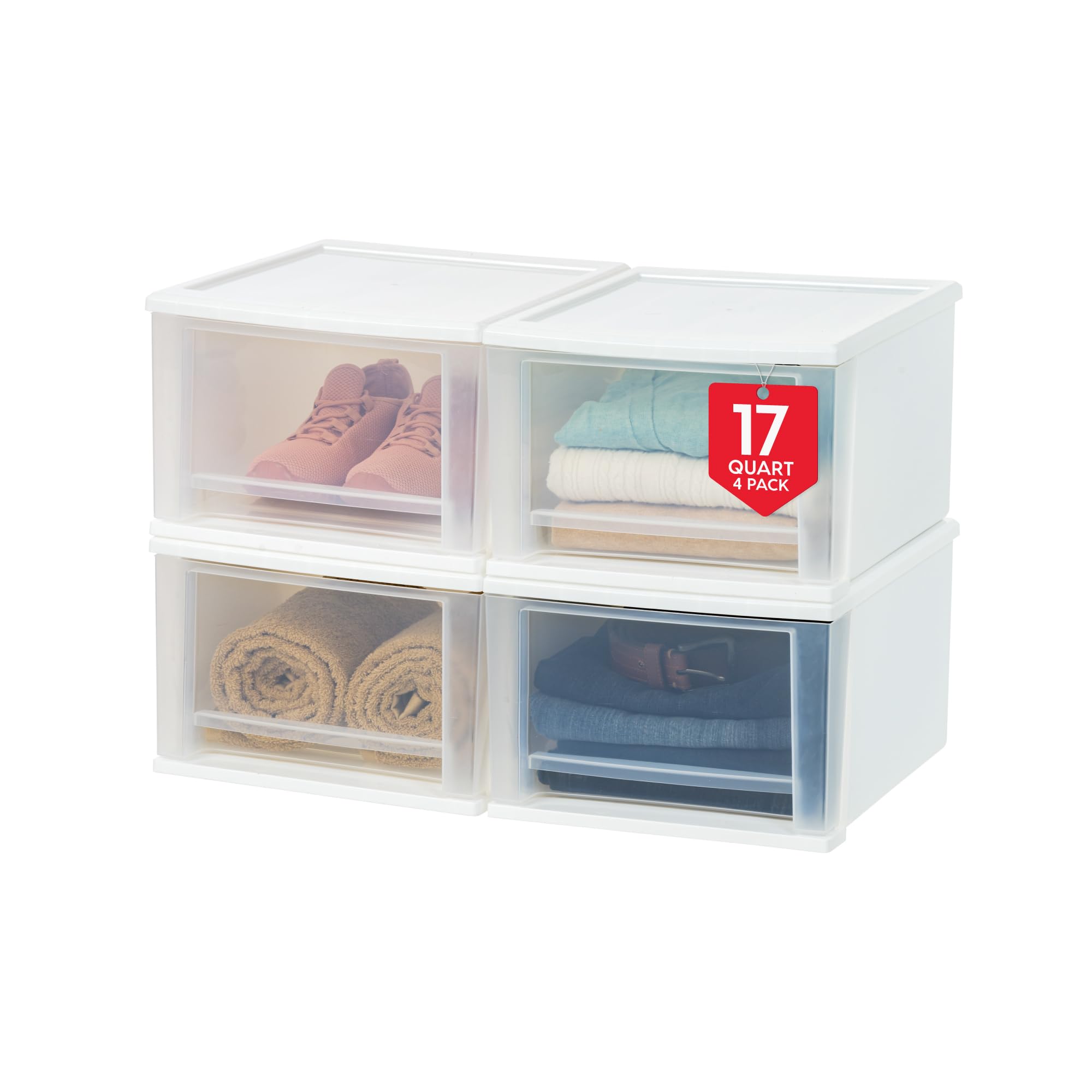 IRIS USA 17 Qt. Plastic Drawer Storage Organizer Stacking Drawers, 4-Pack, Stackable Unit with Sliding Drawer for Clothes Bedroo
