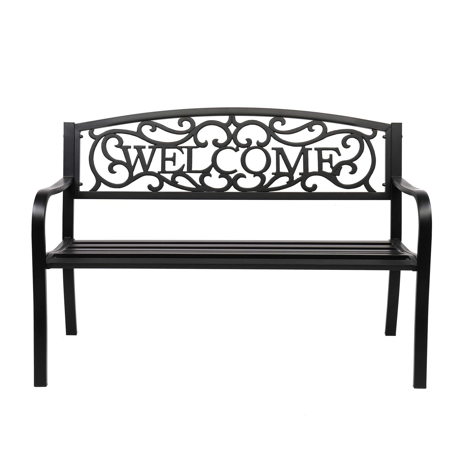 VINGLI Outdoor Bench for Patio Metal Garden Bench w/PVC Back Pattern, Steel Black Outdoor Bench Welcome Bench Park Bench Porch B