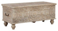 Signature Design by Ashley Fossile Ridge Boho Carved Wood Storage Bench with Hinge Top, Beige