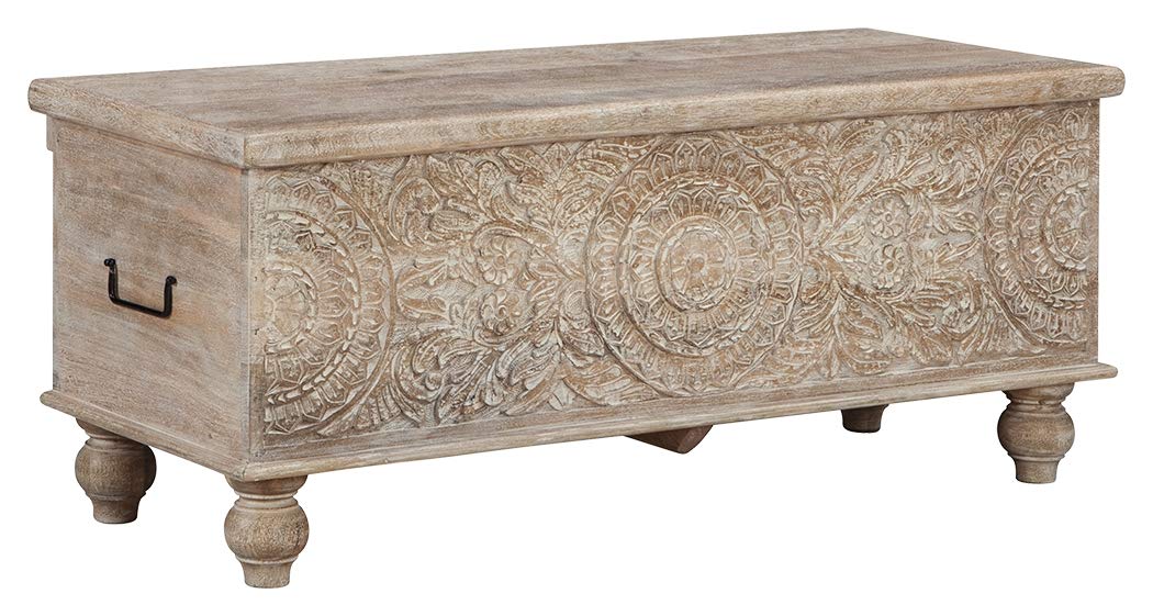 Signature Design by Ashley Fossile Ridge Boho Carved Wood Storage Bench with Hinge Top, Beige